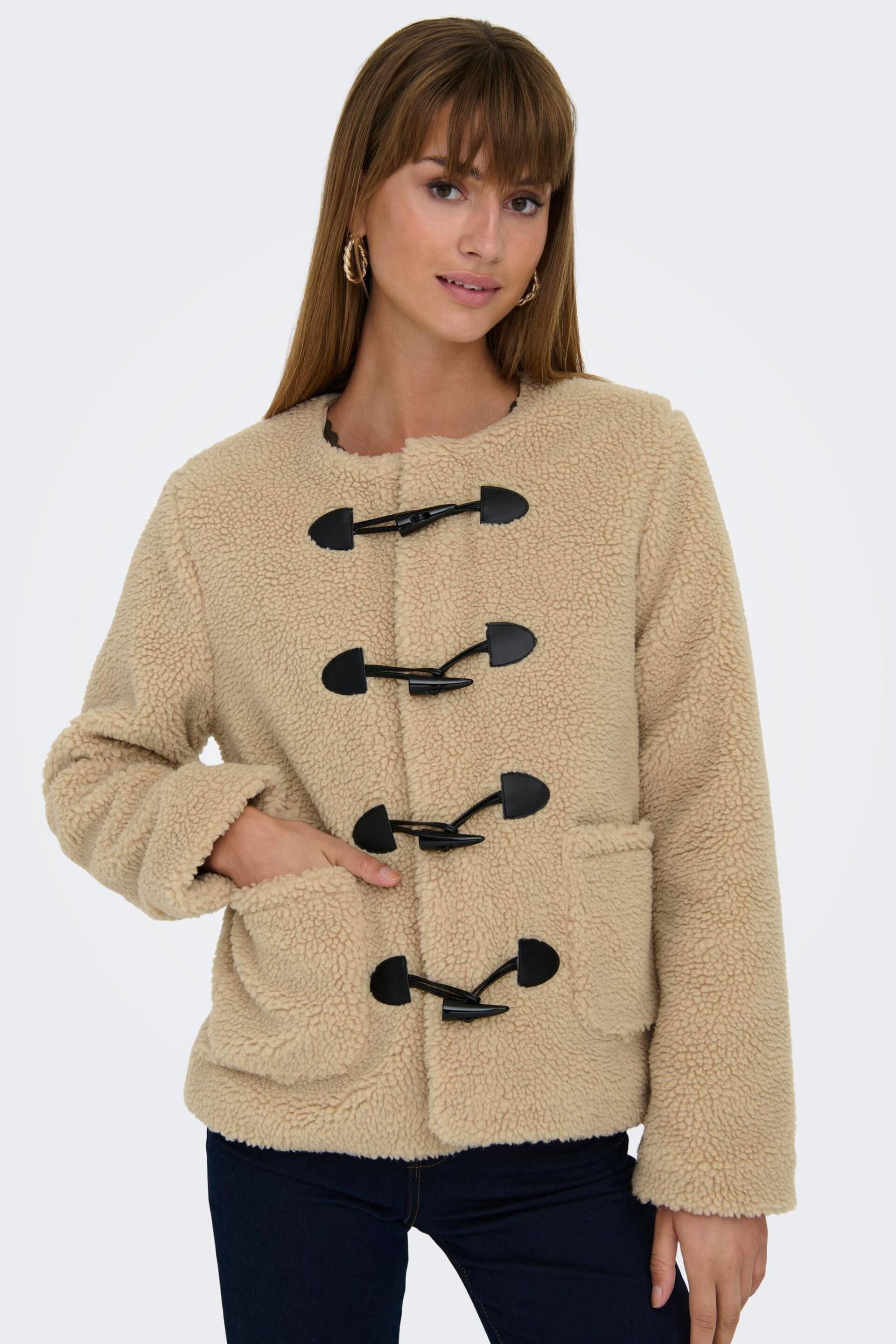 ONLY Cream Collarless Cosy Teddy Borg Coat With Toggle Button - Image 4 of 7