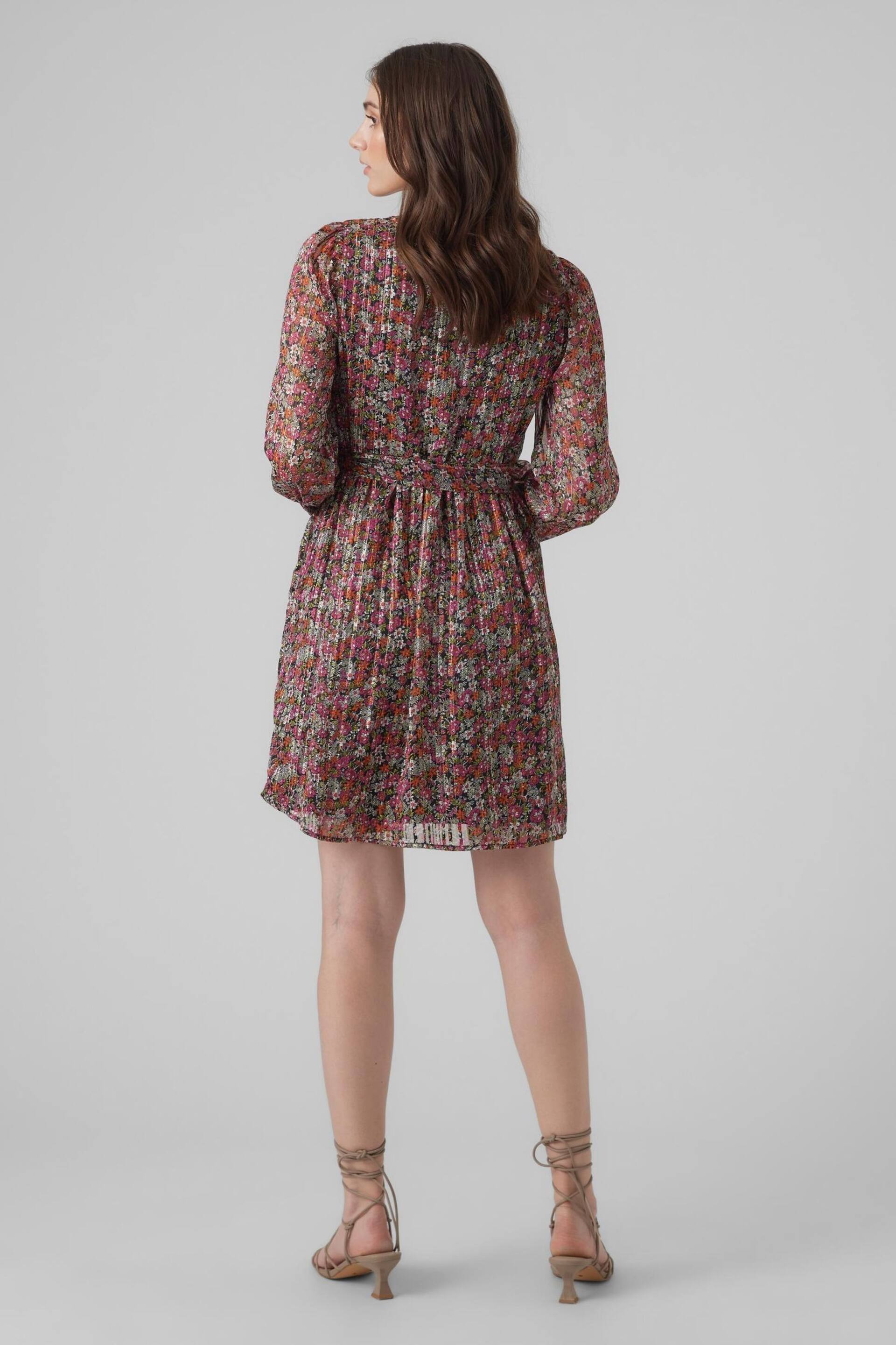 VERO MODA Purple Floral Print Long Sleeve Tie Waist Mini Dress - Image 2 of 5