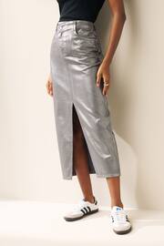 Silver Metallic Asymmetric Waist Denim Midi Skirt - Image 1 of 6
