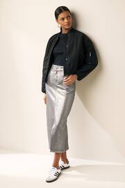 Silver Metallic Asymmetric Waist Denim Midi Skirt - Image 2 of 6