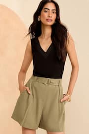 Love & Roses Khaki Green Tailored Belted Shorts With Linen - Image 1 of 4