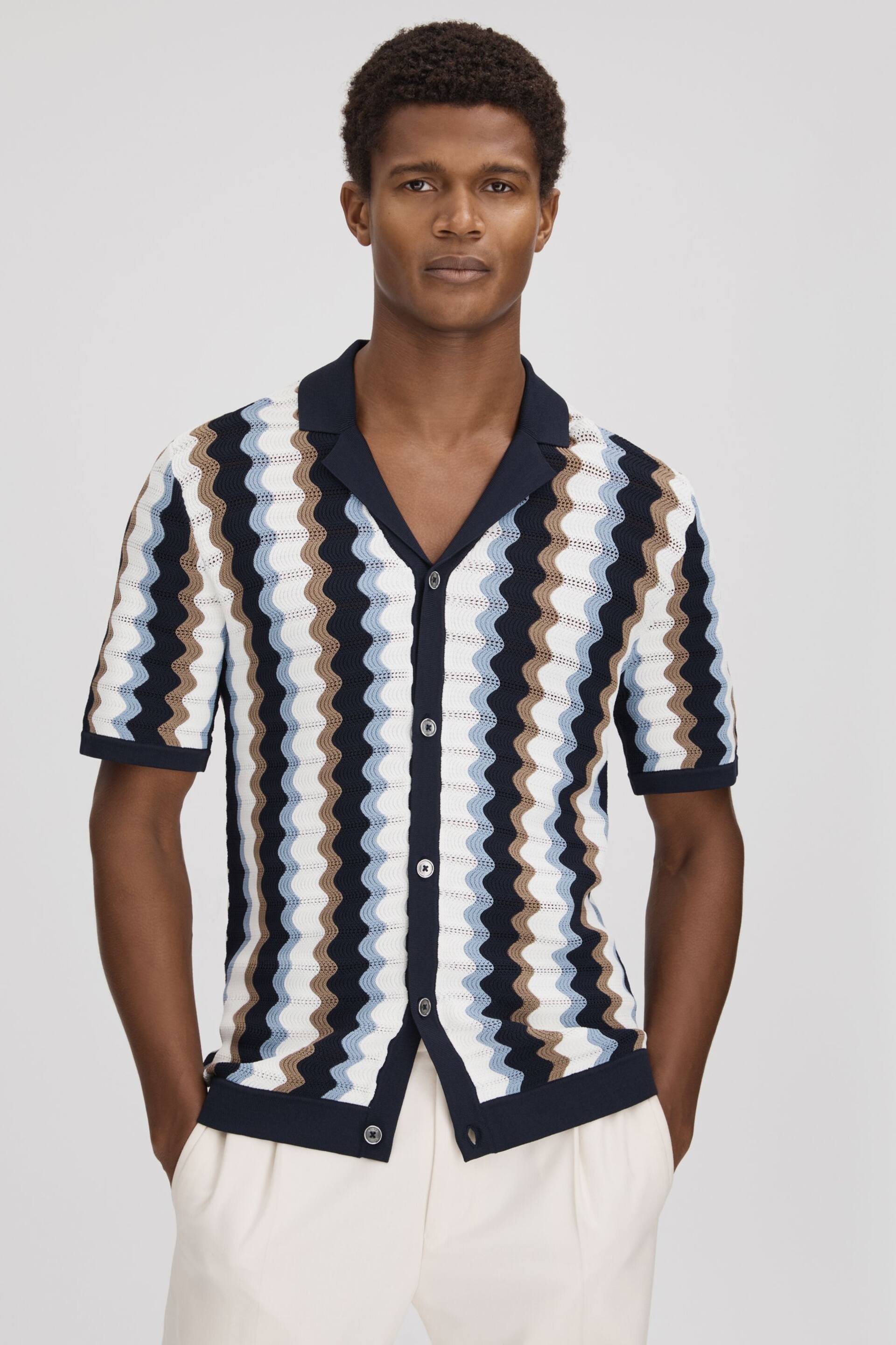 Reiss Blue Multi Waves Knitted Cuban Collar Shirt - Image 1 of 7