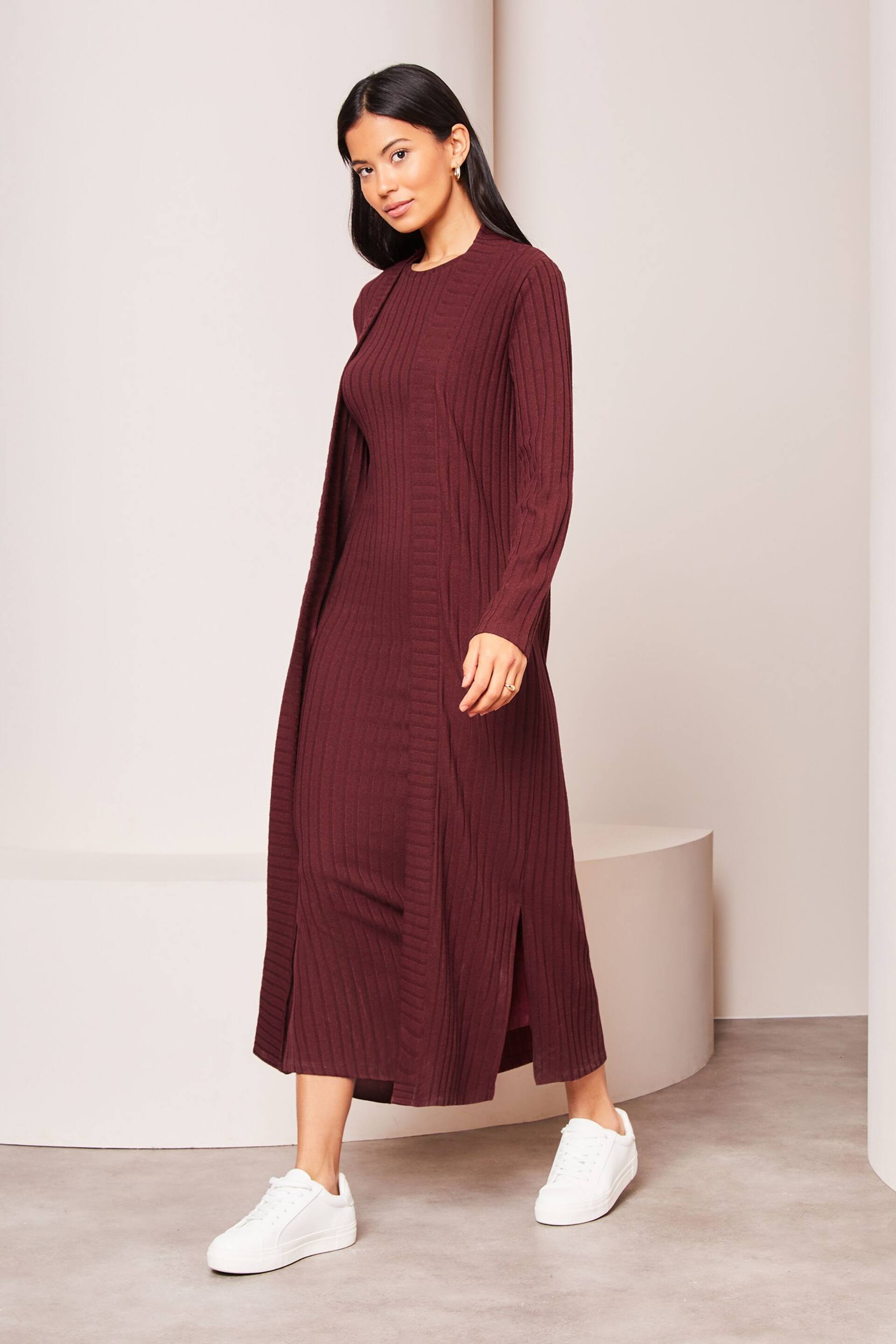 Lipsy Burgundy Red Red Long Sleeve Ribbed Cosy Longline Cardigan - Image 1 of 4