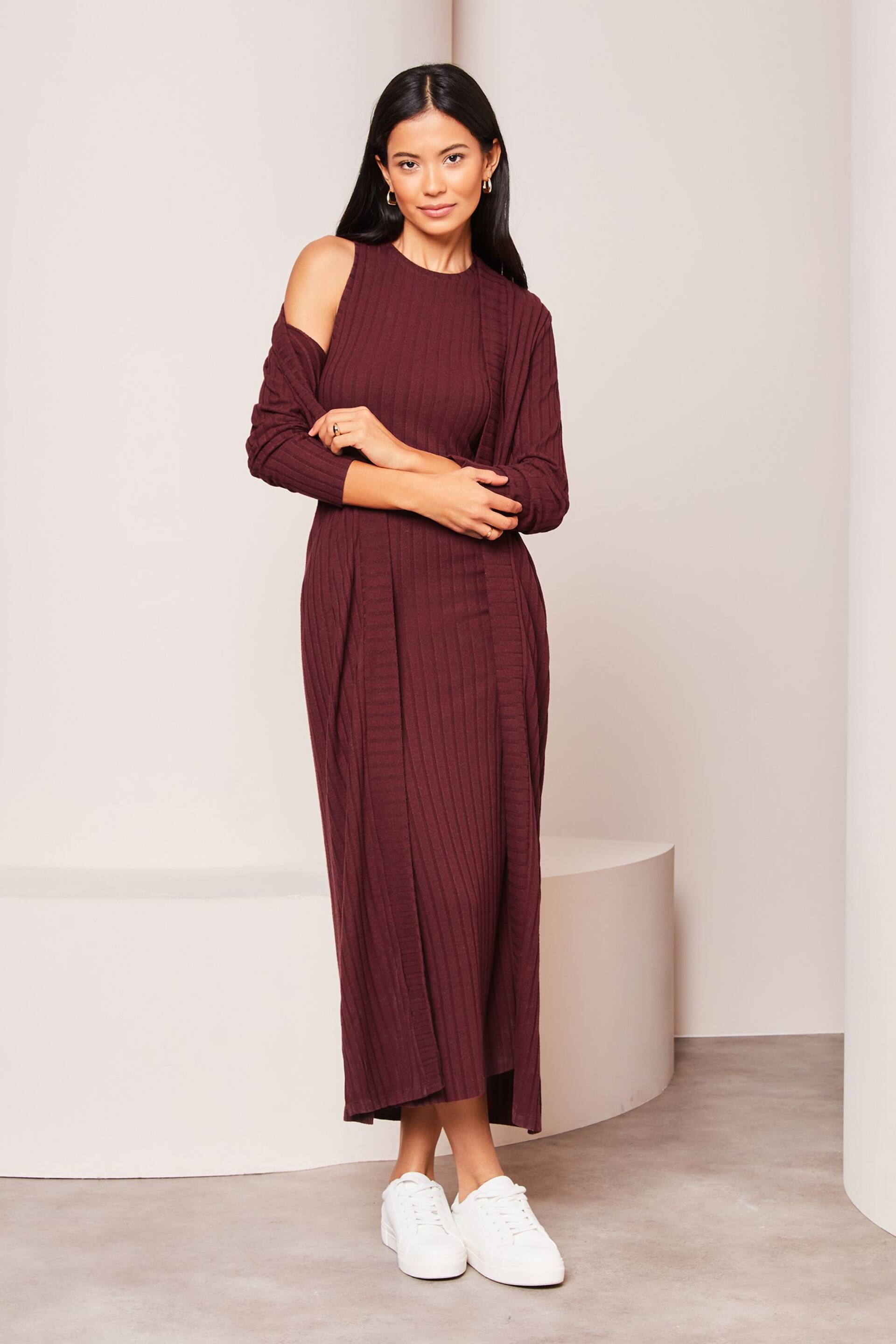 Lipsy Burgundy Red Red Long Sleeve Ribbed Cosy Longline Cardigan - Image 3 of 4