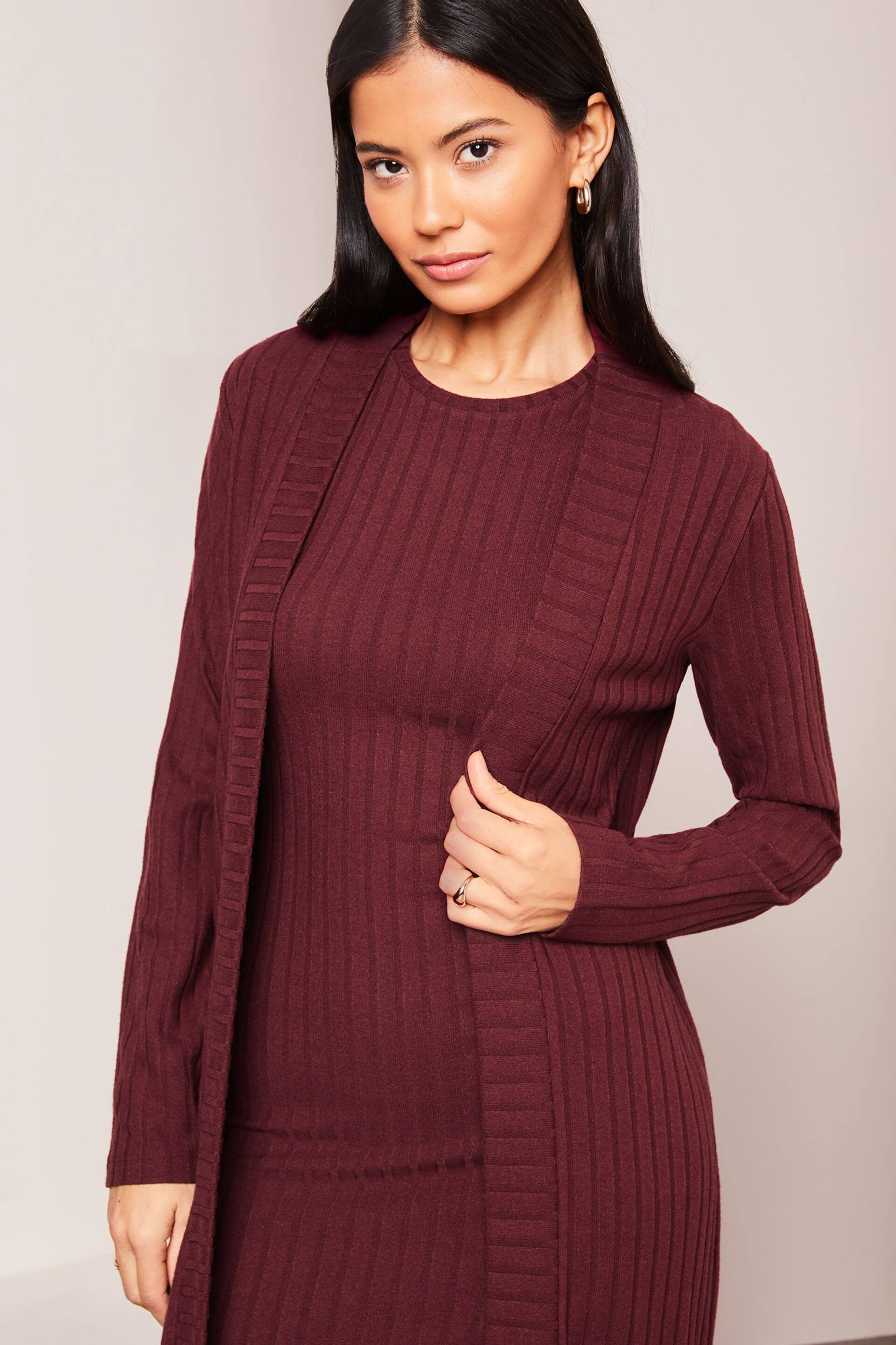 Lipsy Burgundy Red Red Long Sleeve Ribbed Cosy Longline Cardigan - Image 4 of 4