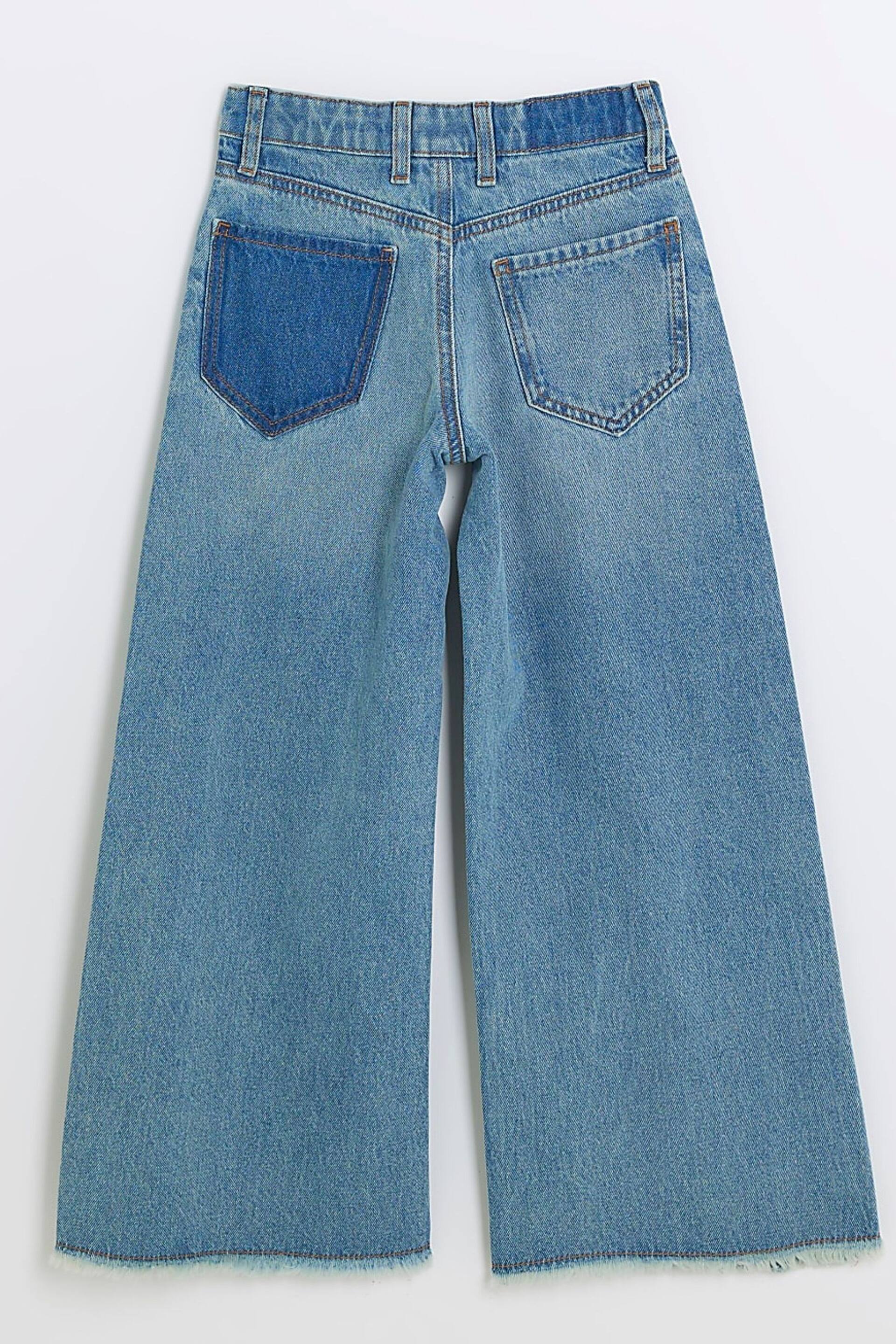 River Island Blue Girls Denim Patchwork Wide Leg Jeans - Image 4 of 6