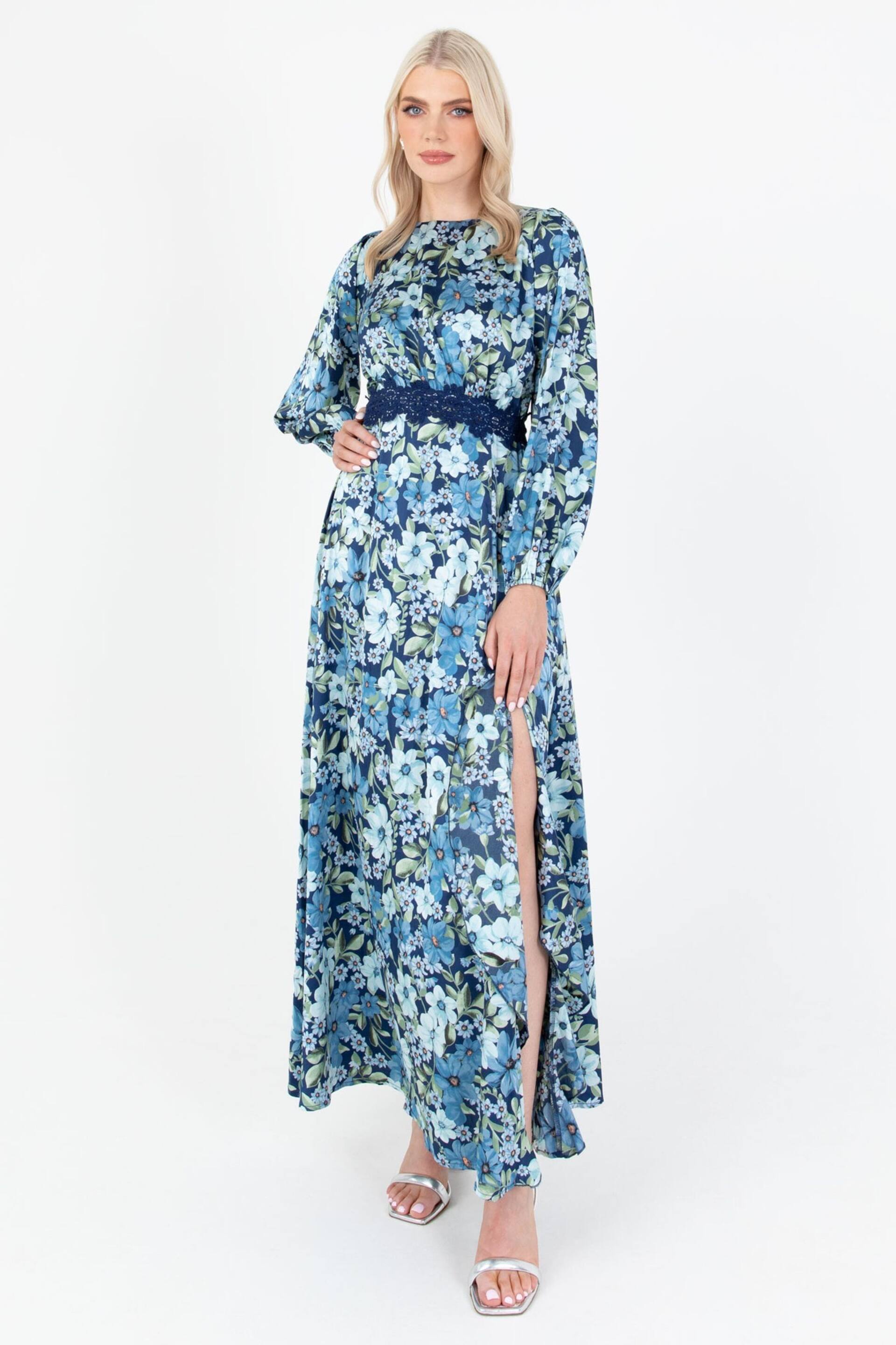Lovedrobe Blue Floral Print Satin Maxi Dress with Lace Trim - Image 1 of 5