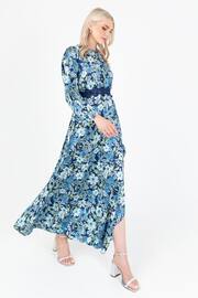 Lovedrobe Blue Floral Print Satin Maxi Dress with Lace Trim - Image 3 of 5