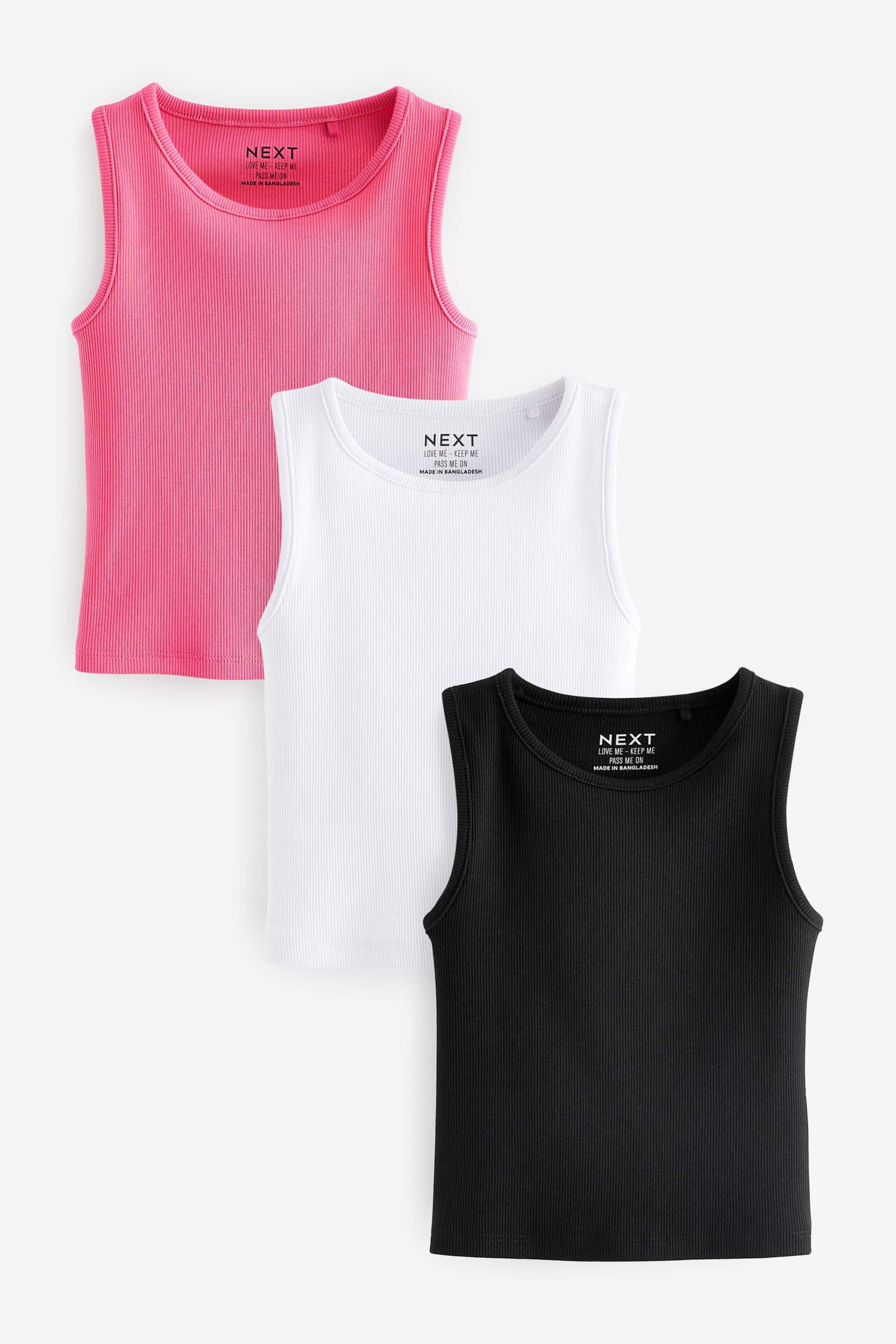 Black/White/Pink 3 Pack Boxy Rib Vests (3-16yrs) - Image 1 of 8