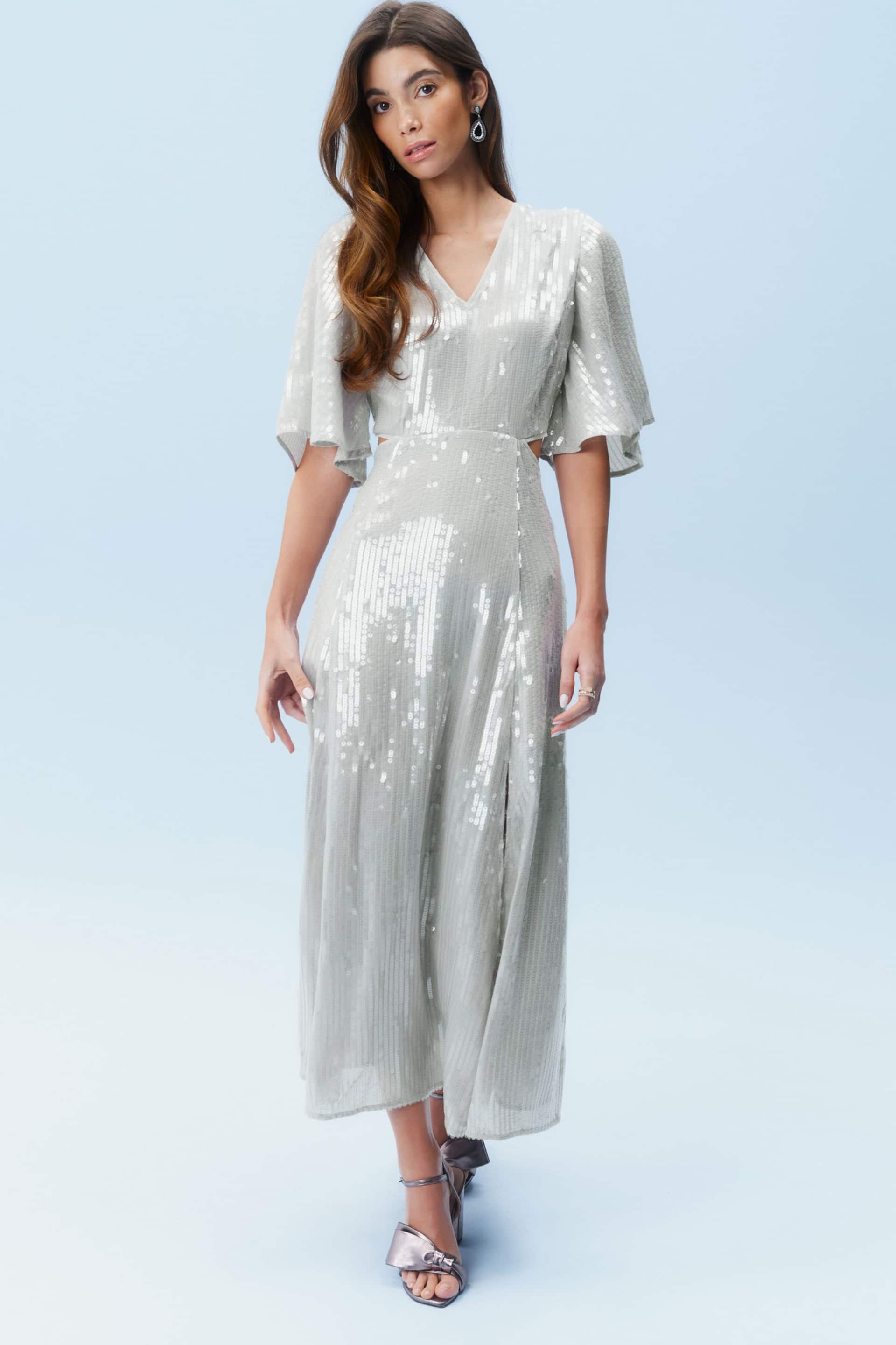 Silver Sequin Flutter Sleeve Maxi Dress - Image 6 of 6