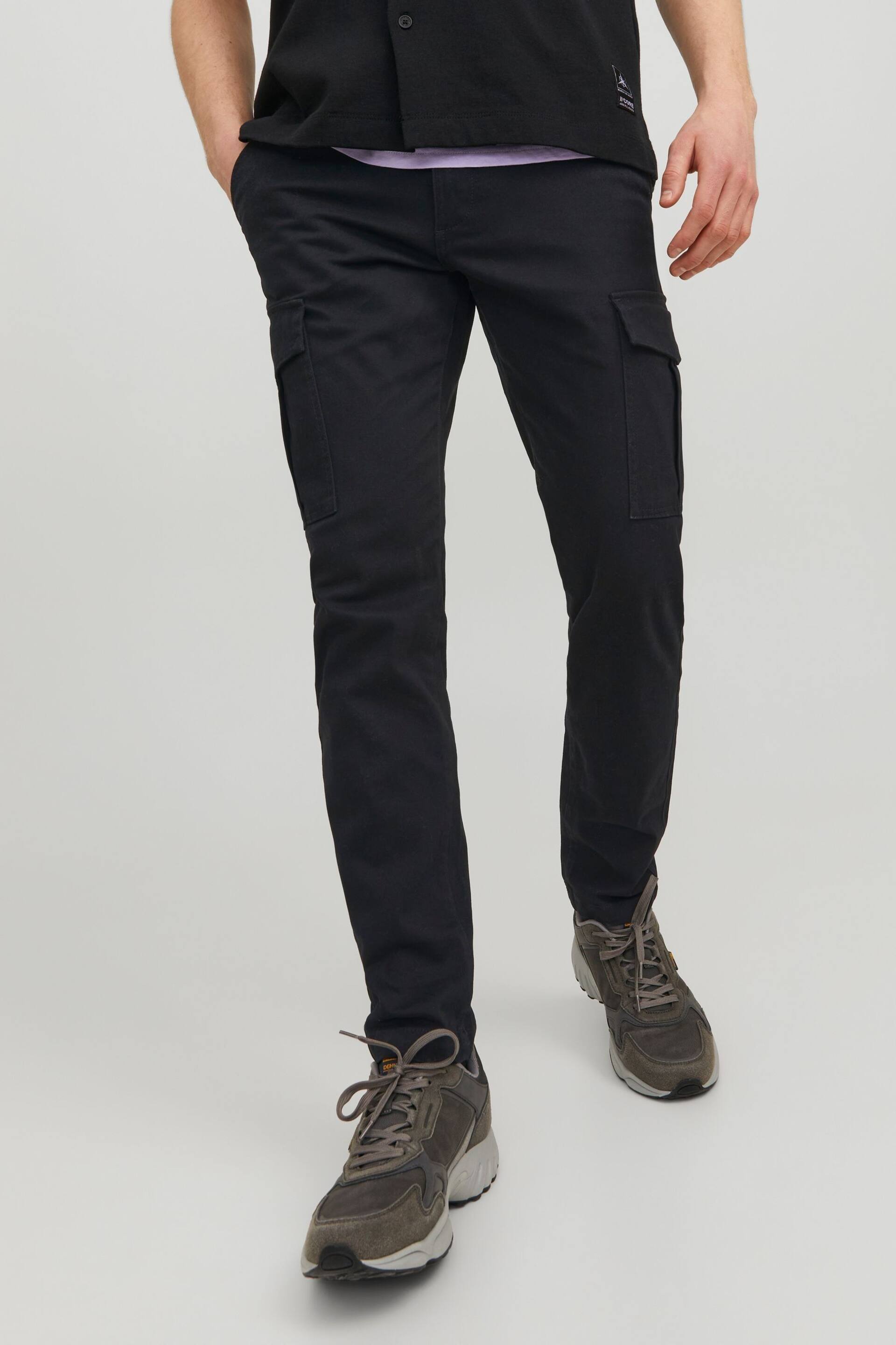 JACK & JONES Black Slim Leg Cuffed Cargo Trousers - Image 1 of 6