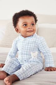 The White Company Organic Cotton Blue Gingham Sleepsuit With Bear - Image 2 of 4
