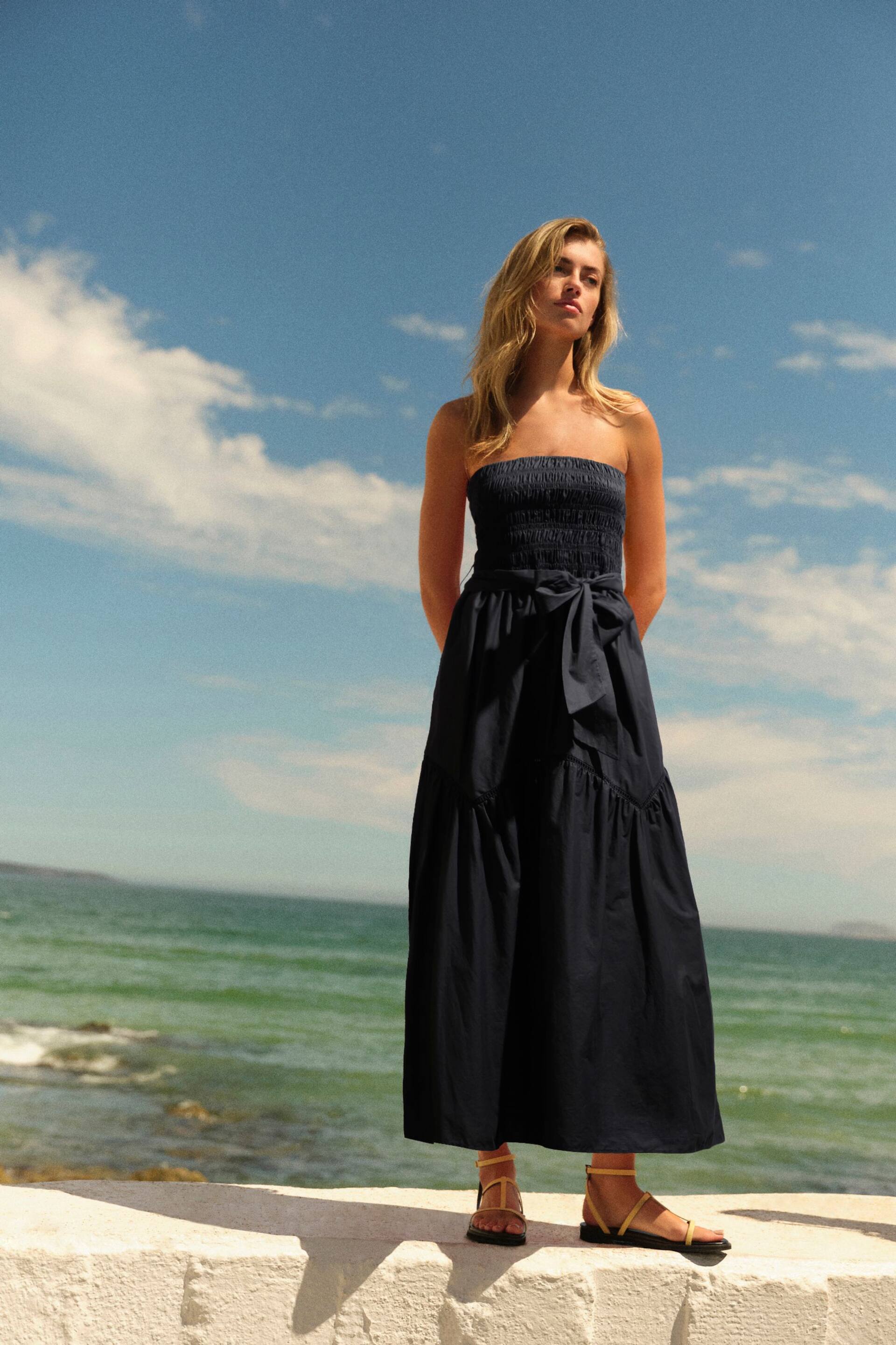 Black Shirred Bandeau Midi Summer Dress - Image 2 of 6