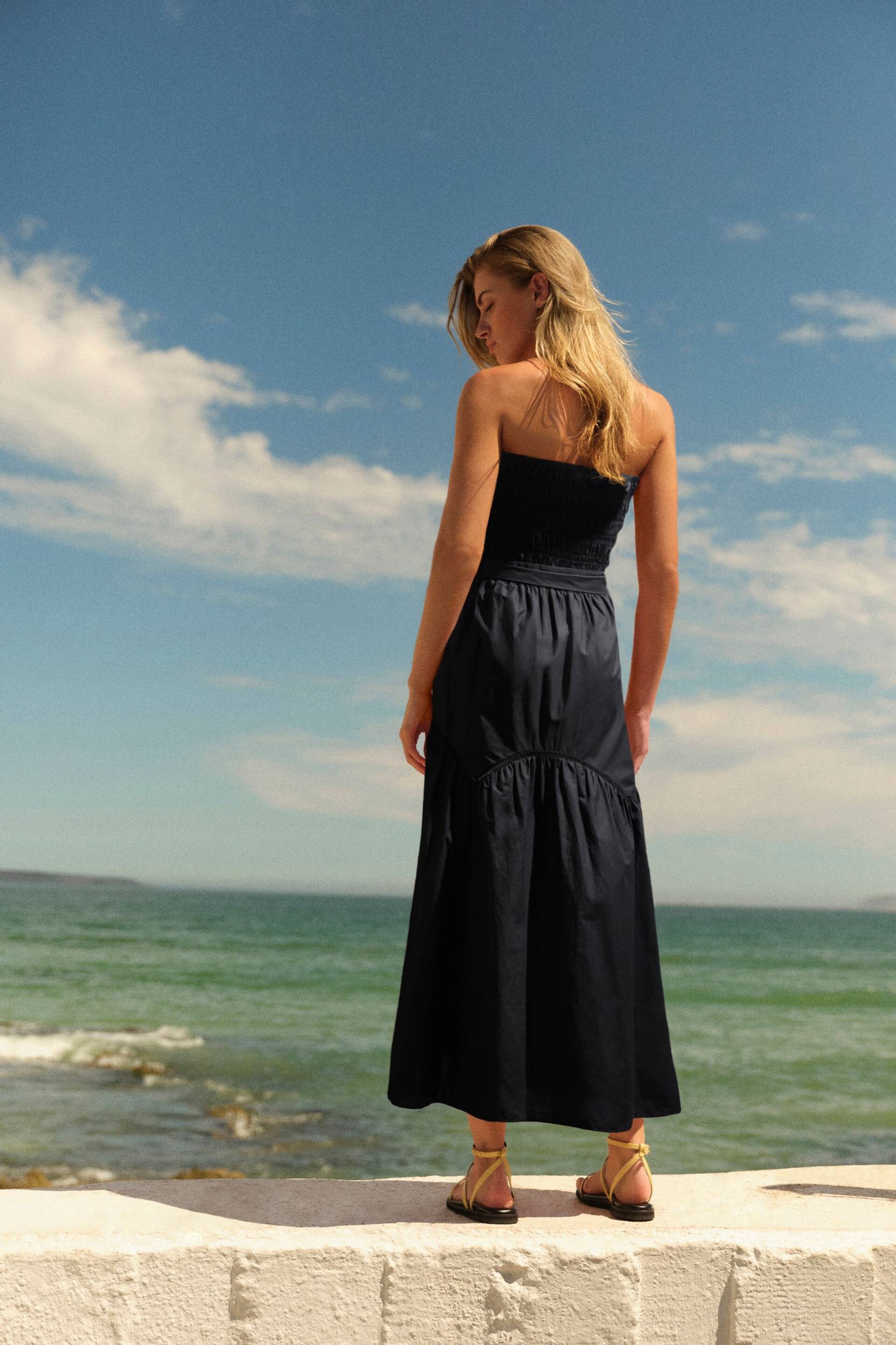 Black Shirred Bandeau Midi Summer Dress - Image 3 of 6
