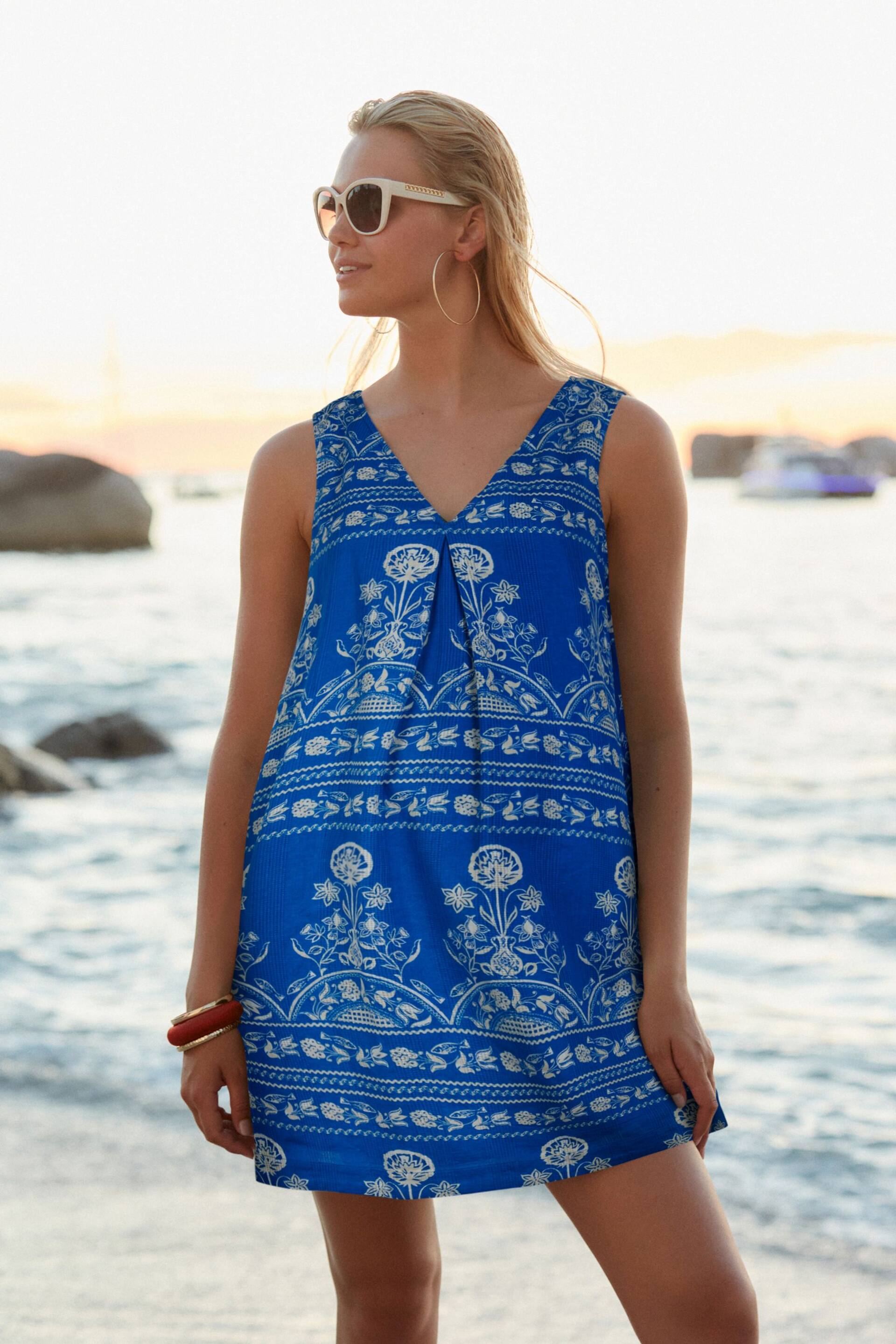 Blue and White Print Linen Blend V-Neck Summer Mini Dress - Image 1 of 5