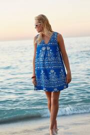 Blue and White Print Linen Blend V-Neck Summer Mini Dress - Image 2 of 5