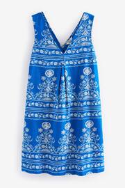 Blue and White Print Linen Blend V-Neck Summer Mini Dress - Image 4 of 5