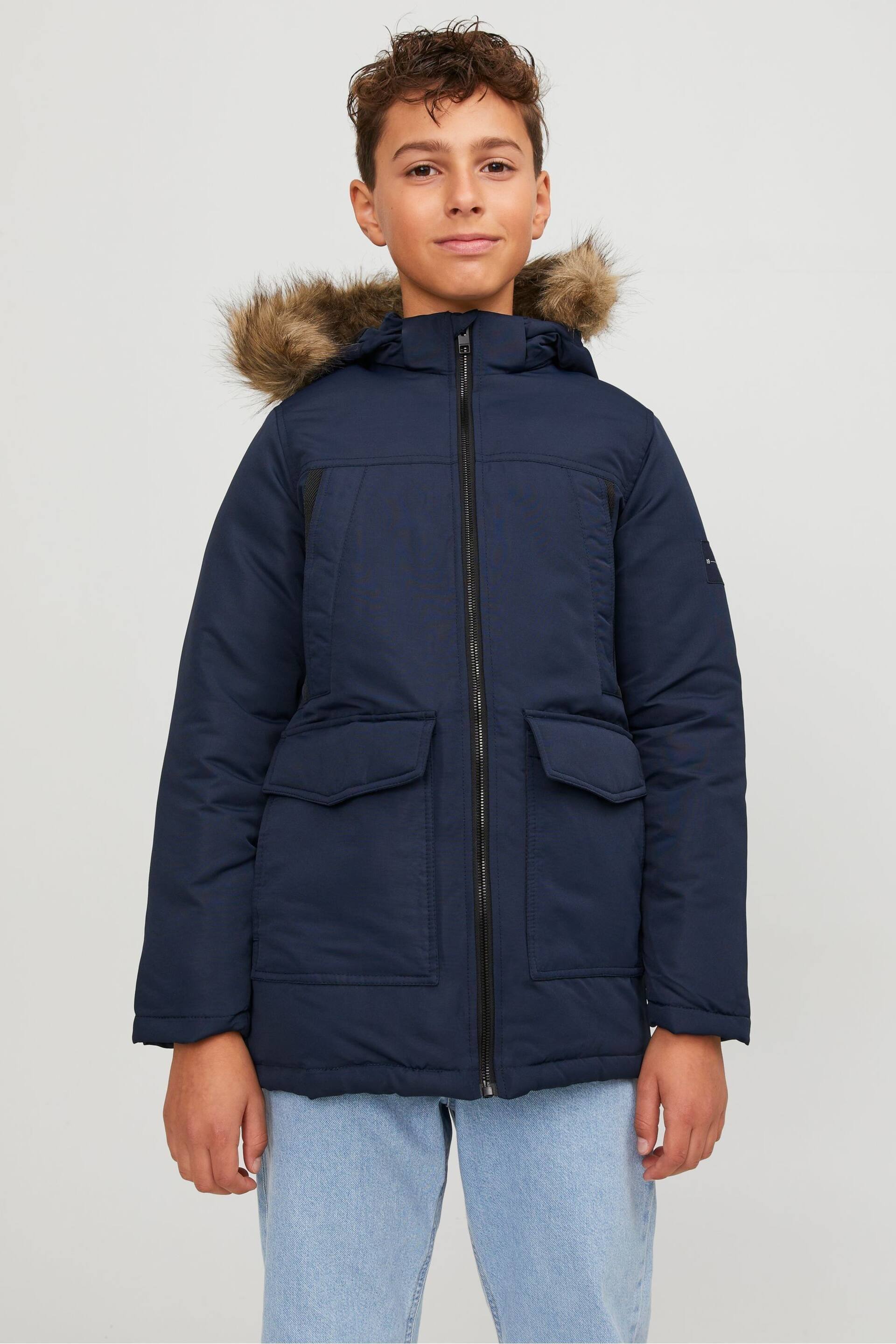 JACK & JONES Blue Parka Coat With Faux - Image 1 of 8