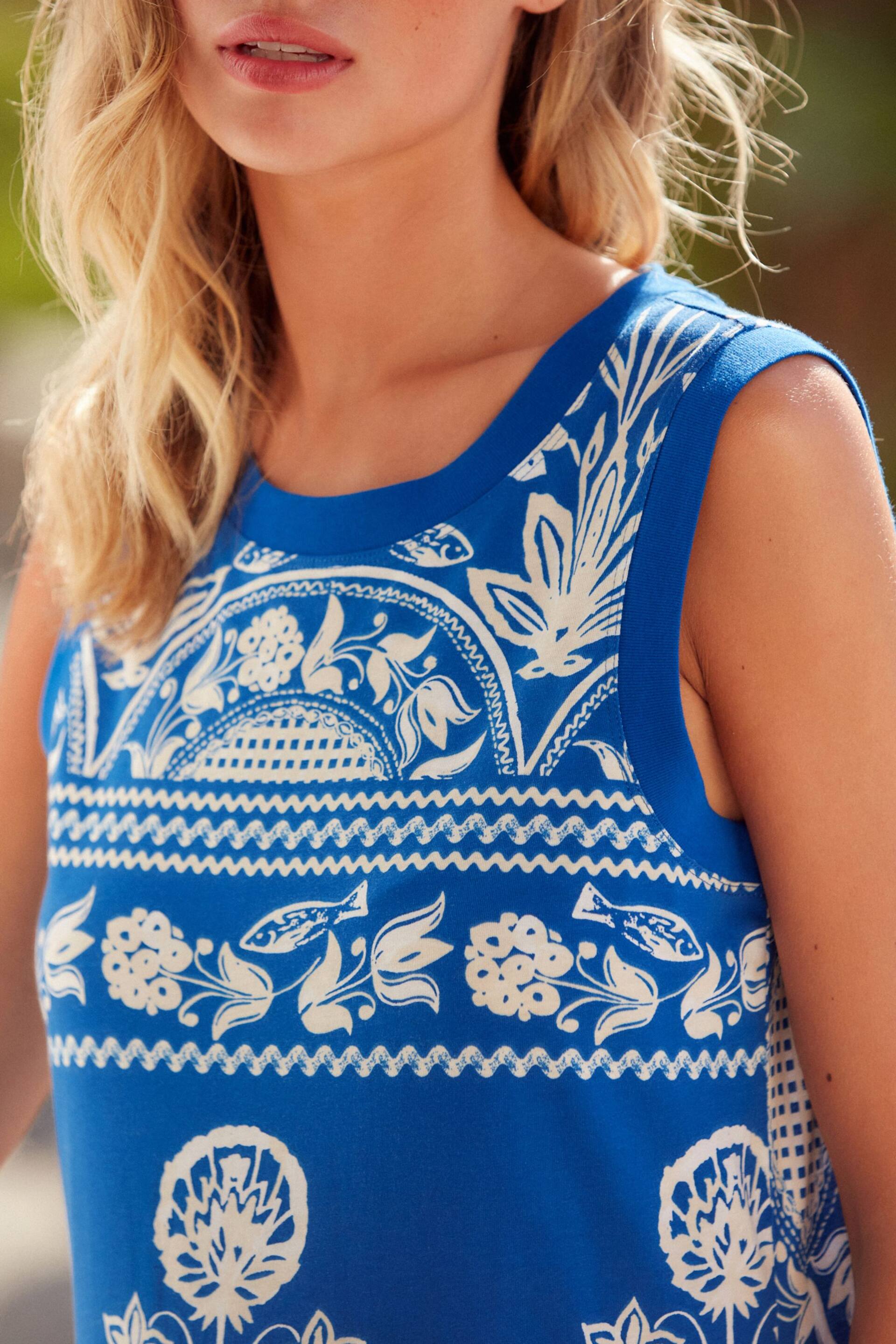 Blue Ceramic Print Sleeveless Crew Neck Tiered Summer Maxi Jersey Dress - Image 4 of 7