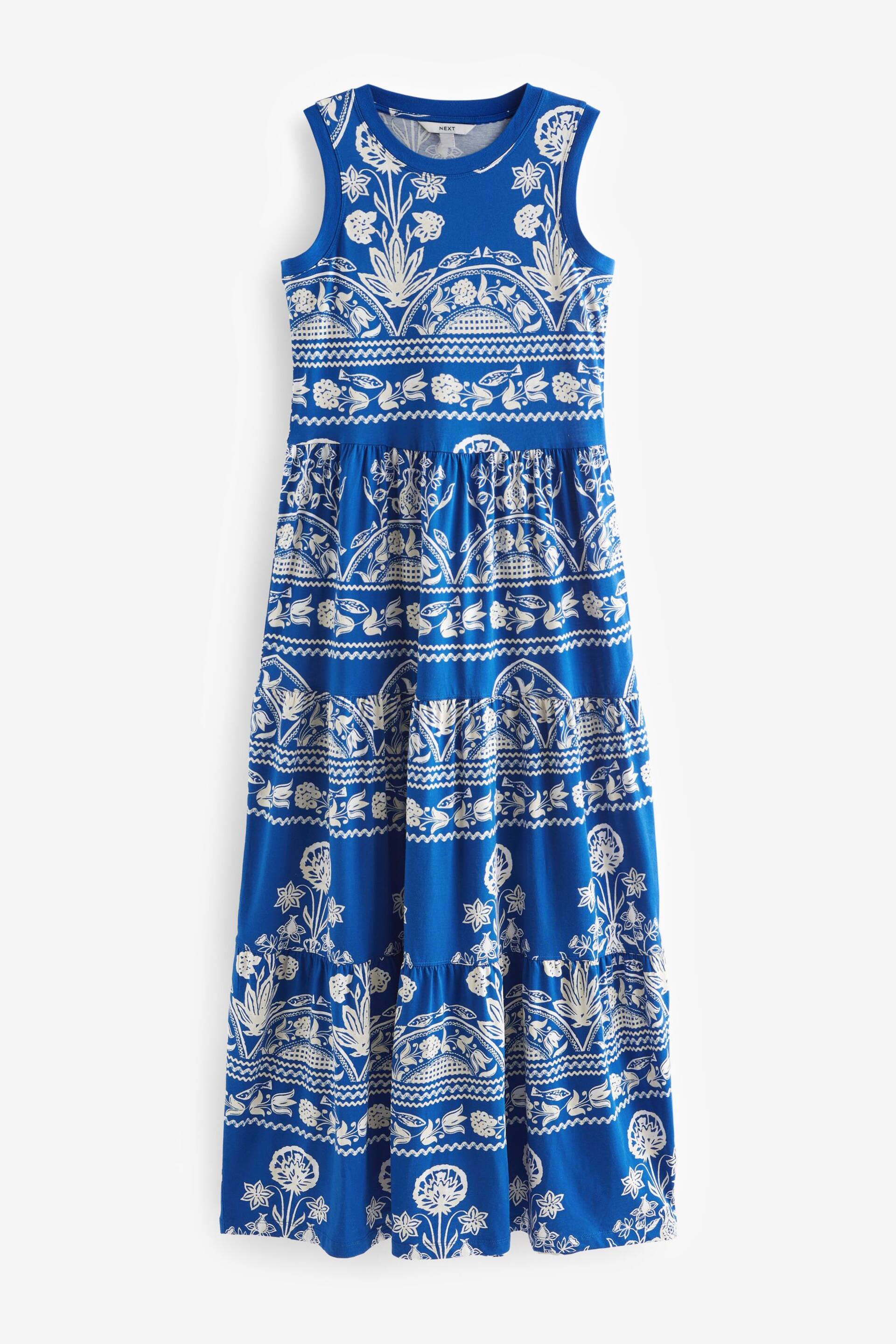Blue Ceramic Print Sleeveless Crew Neck Tiered Summer Maxi Jersey Dress - Image 6 of 7
