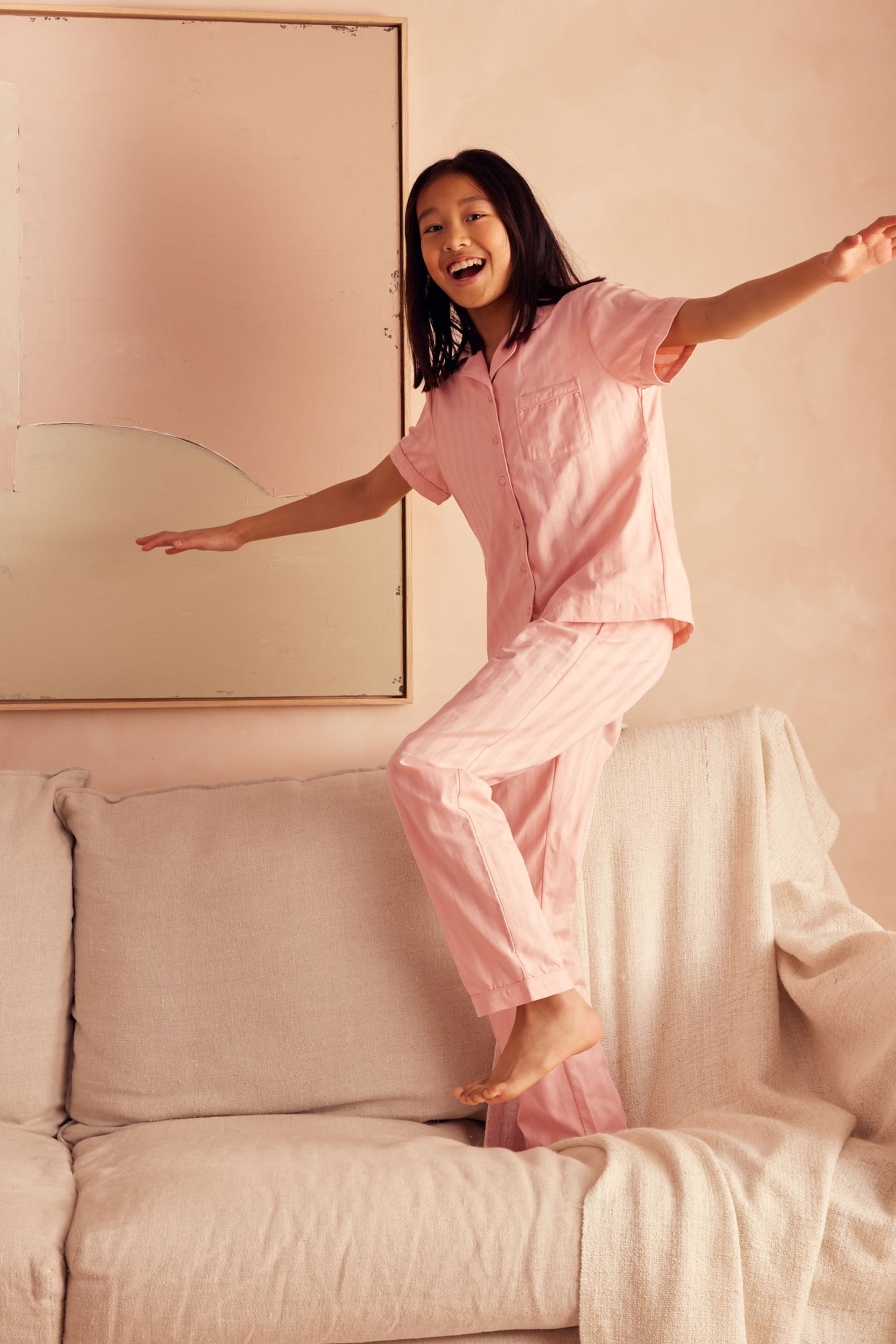 Pink Stripe Cotton Sateen Button through Pyjamas (6-16yrs) - Image 1 of 4