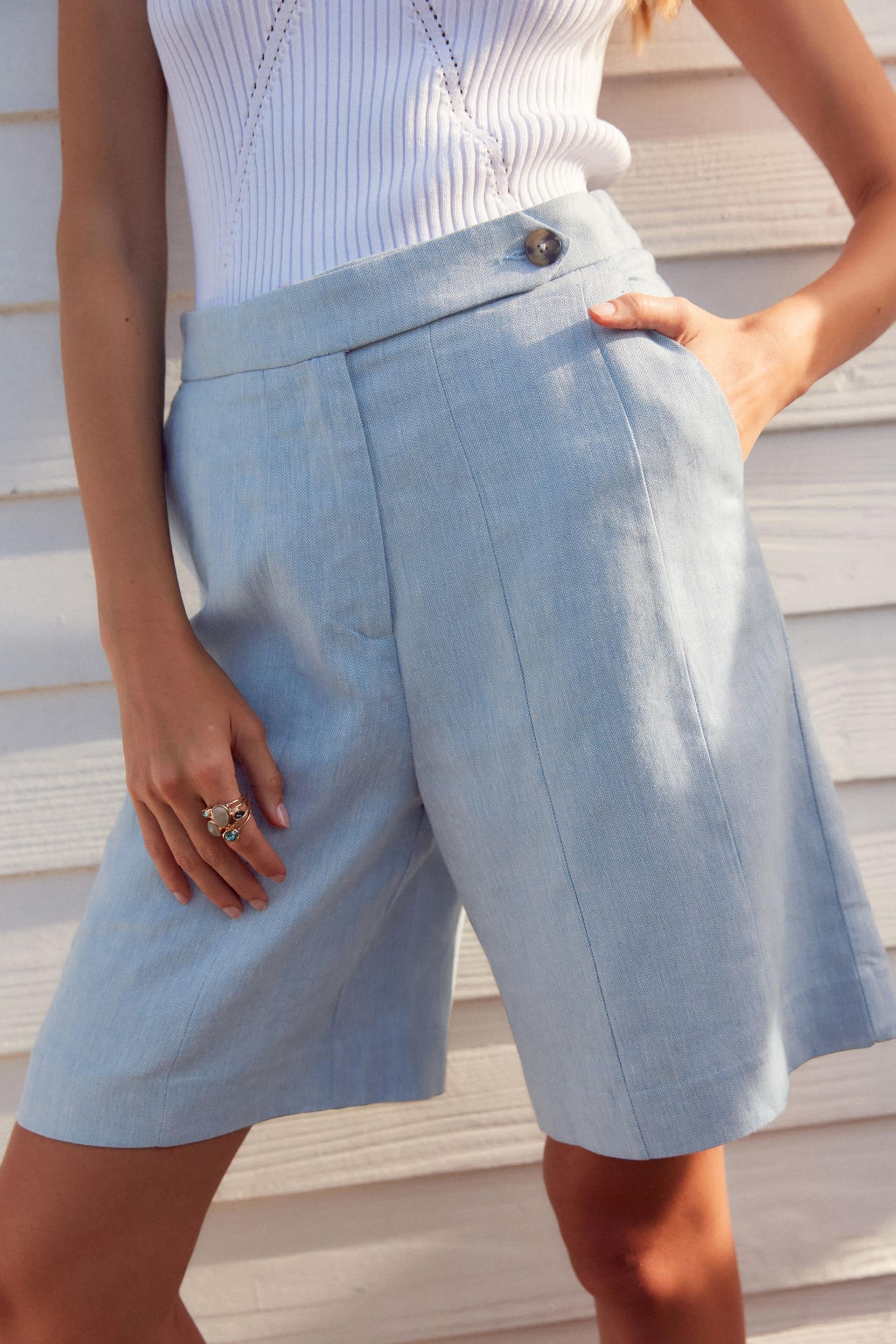 Blue Textured Linen Blend Shorts - Image 3 of 7
