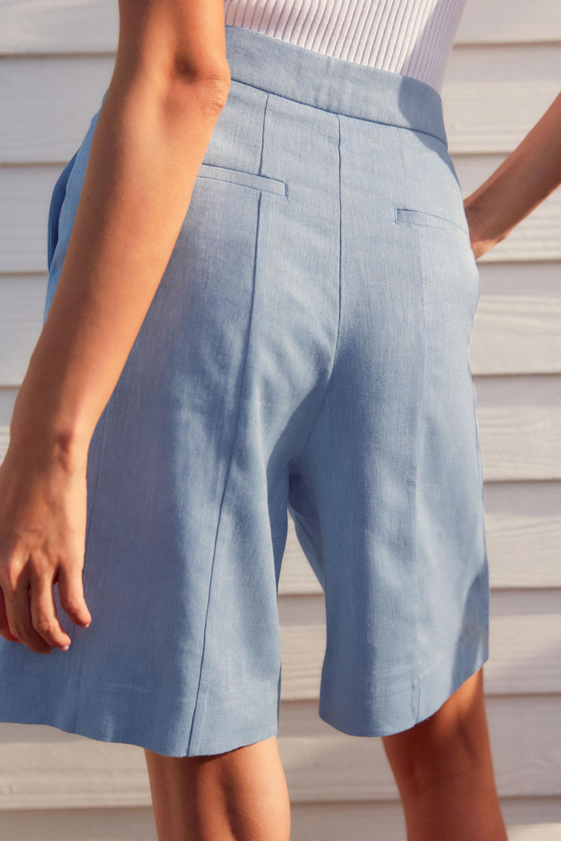 Blue Textured Linen Blend Shorts - Image 4 of 7