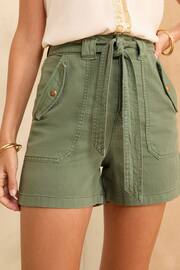 Love & Roses Khaki Green Belted Cotton Twill Utility Shorts - Image 1 of 4