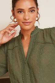 Love & Roses Khaki Dobby Spot Lace Trim 3/4 Sleeve Button Through Blouse - Image 2 of 4