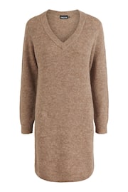 PIECES Brown Long Sleeve V Neck Knitted Jumper Dress - Image 1 of 1
