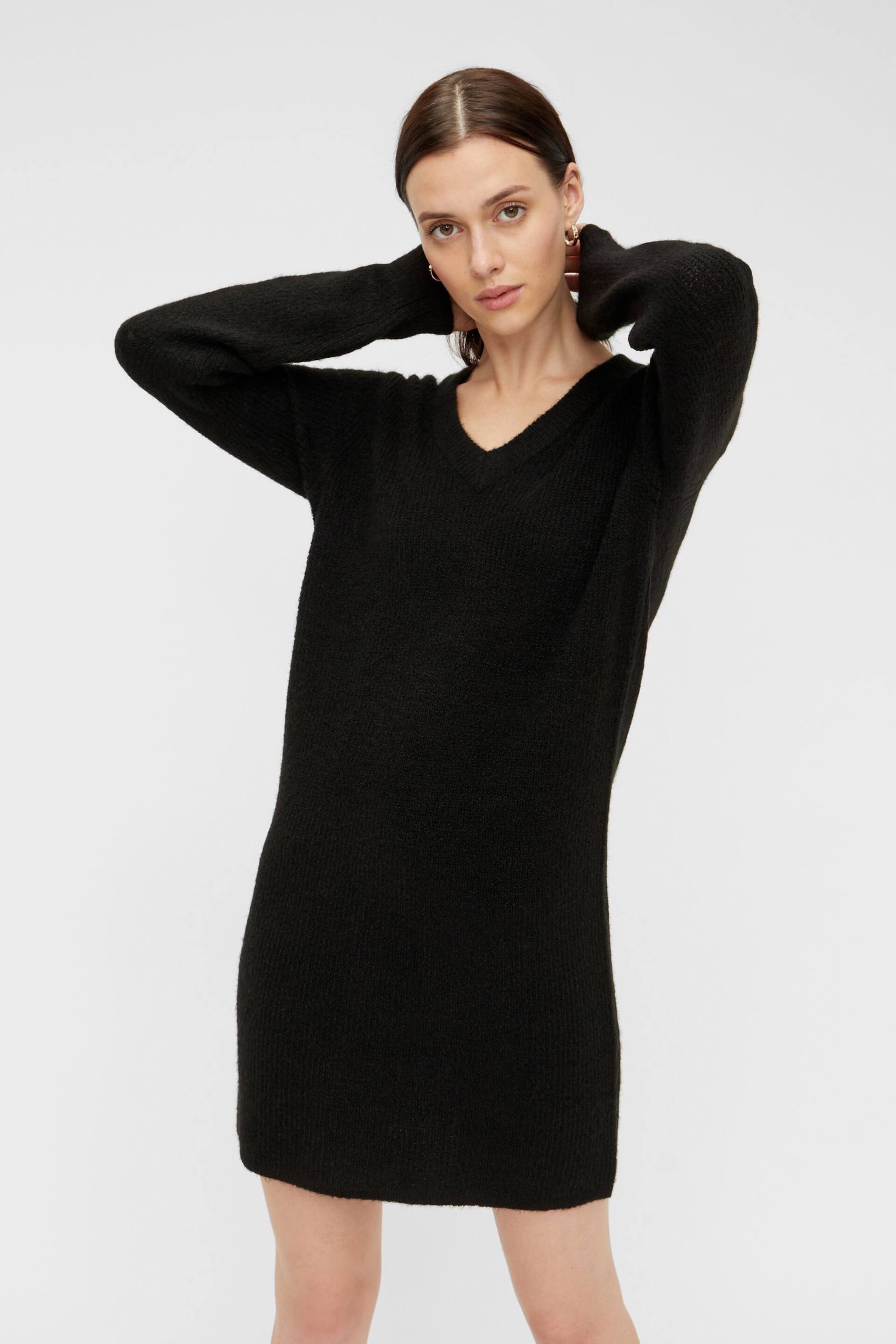 PIECES Black Long Sleeve V Neck Knitted Jumper Dress - Image 1 of 5
