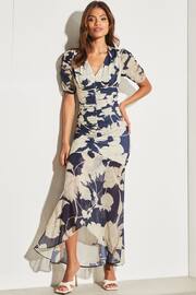 Lipsy Navy Blue Ruched Front Sleeves V Neck Mesh Summer Maxi Dress - Image 1 of 4