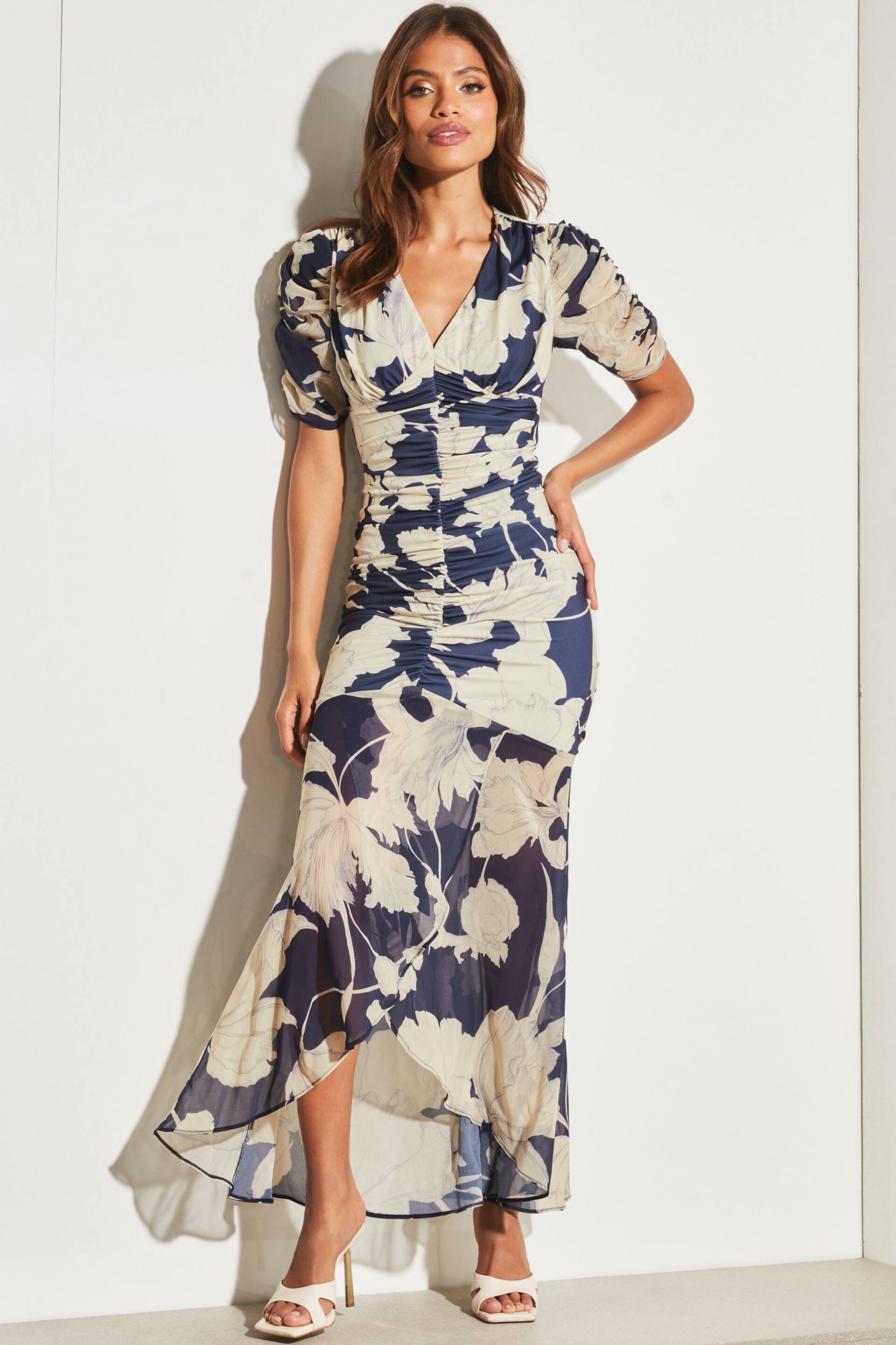 Lipsy Navy Blue Ruched Front Sleeves V Neck Mesh Summer Maxi Dress - Image 1 of 4