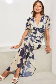 Lipsy Navy Blue Ruched Front Sleeves V Neck Mesh Summer Maxi Dress - Image 3 of 4