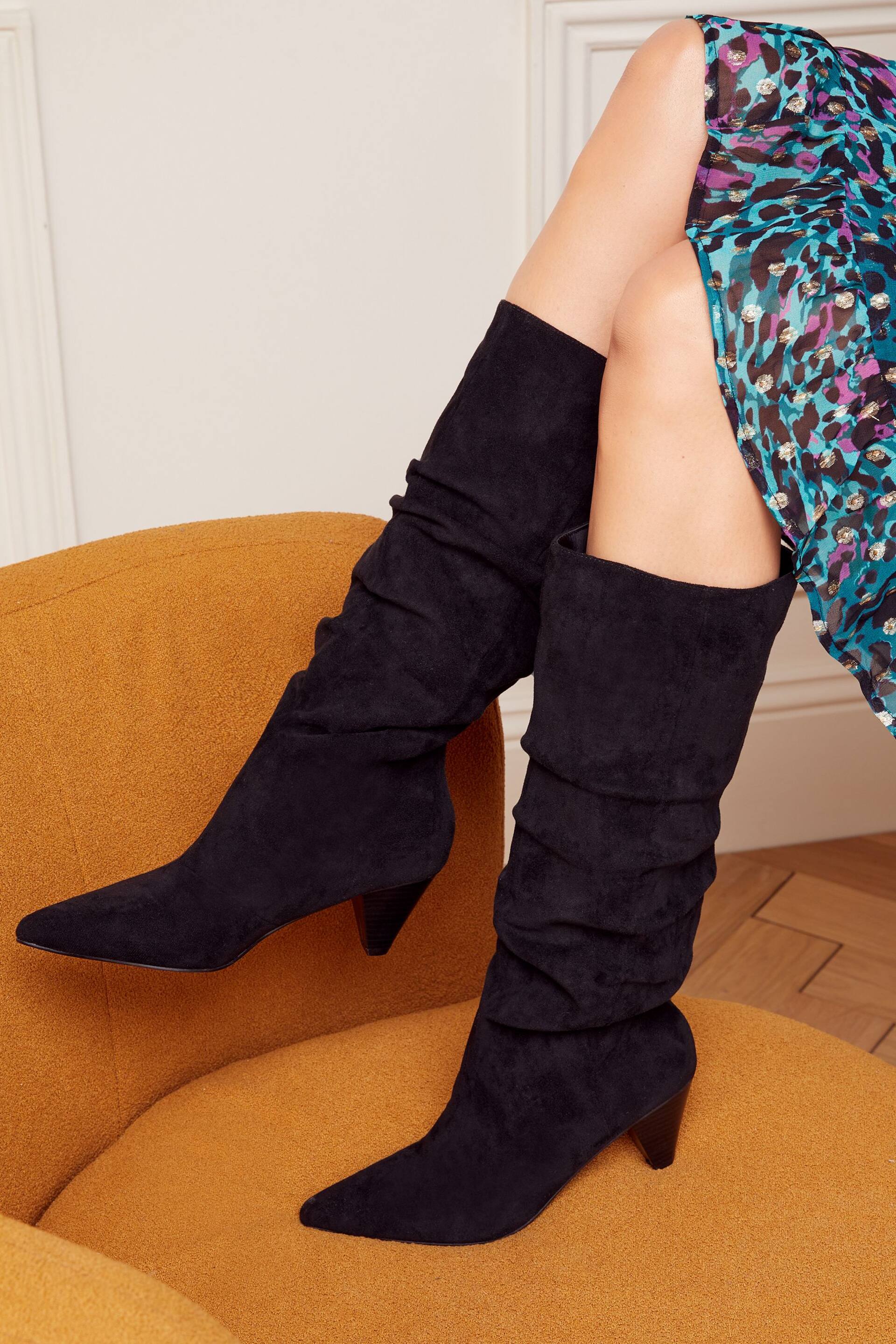 Love & Roses Black Mid Heel Ruched High Leg Boot - Image 1 of 4