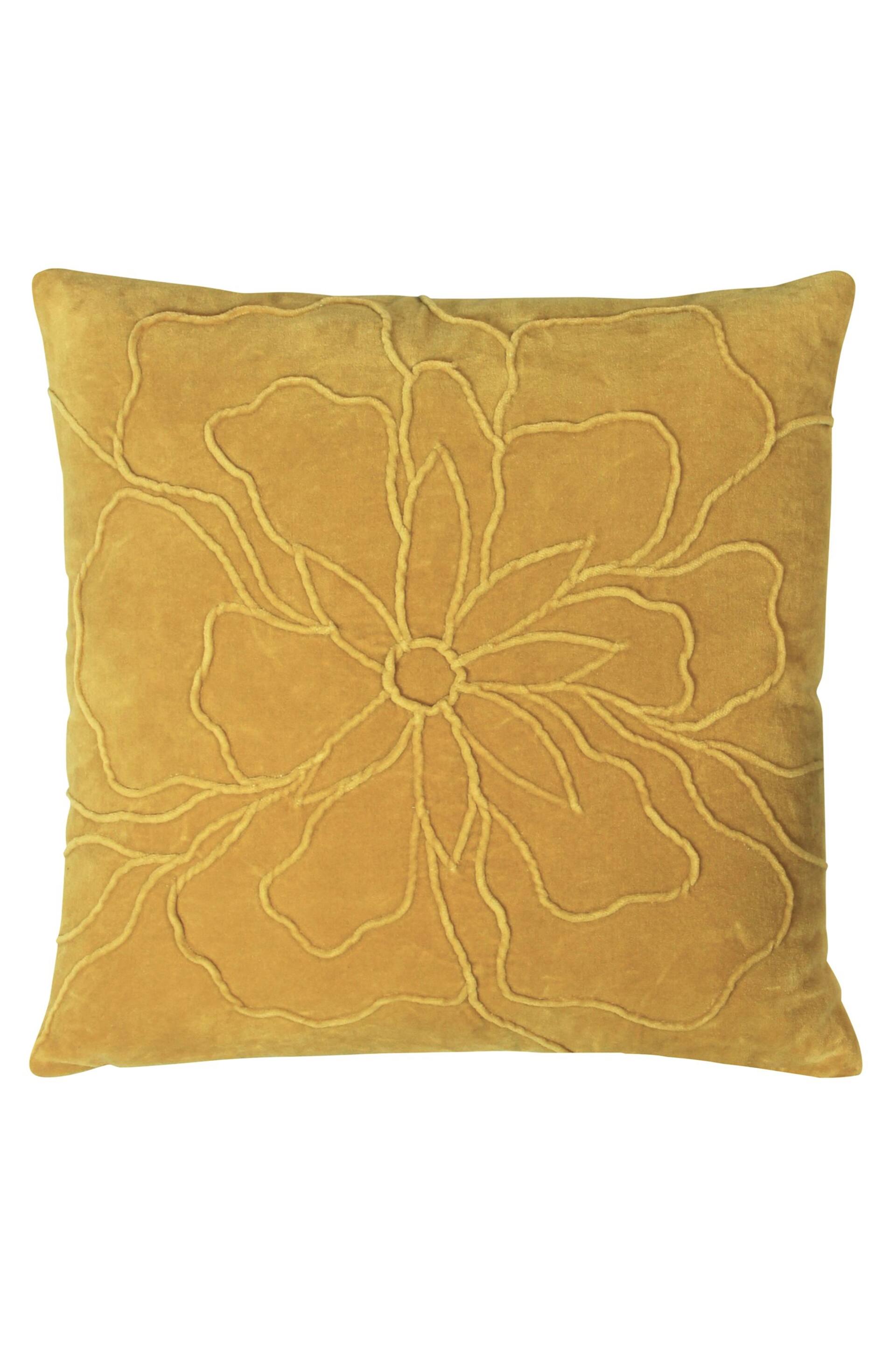 furn. Ochre Yellow Angeles Floral Velvet Polyester Filled Cushion - Image 1 of 4