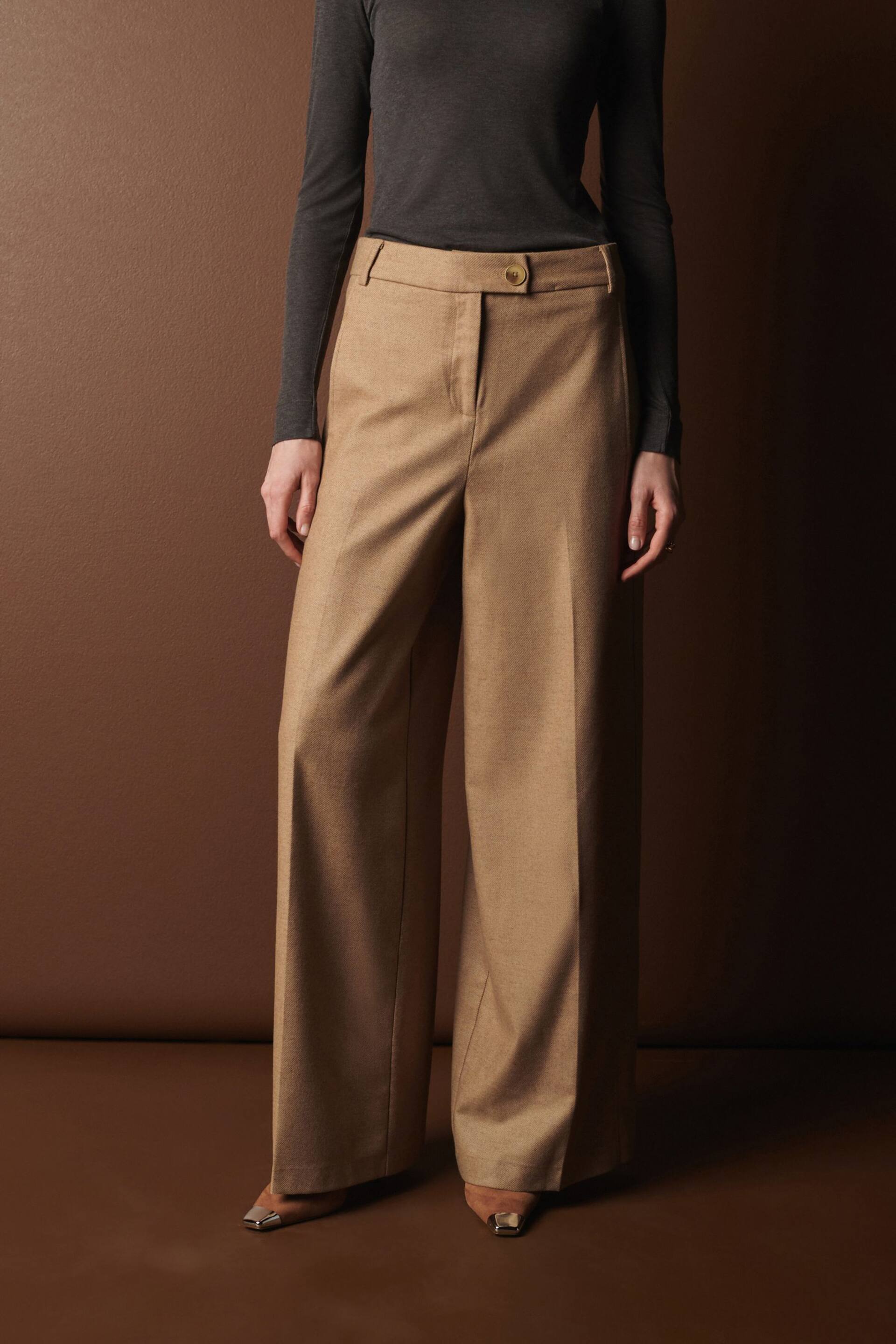 Camel Brown Premium Wool Blend Wide Trousers - Image 4 of 11