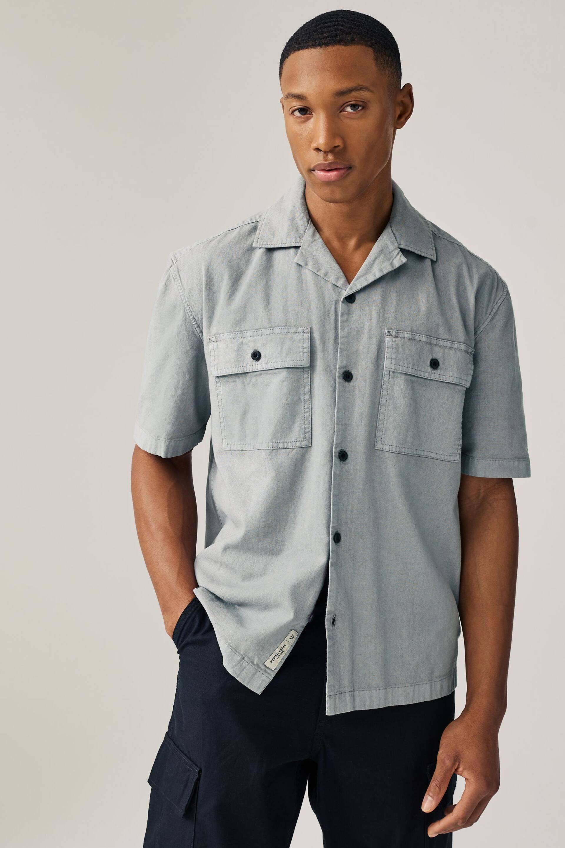 Grey Linen Blend Short Sleeve Shirt with Cuban Collar - Image 1 of 9