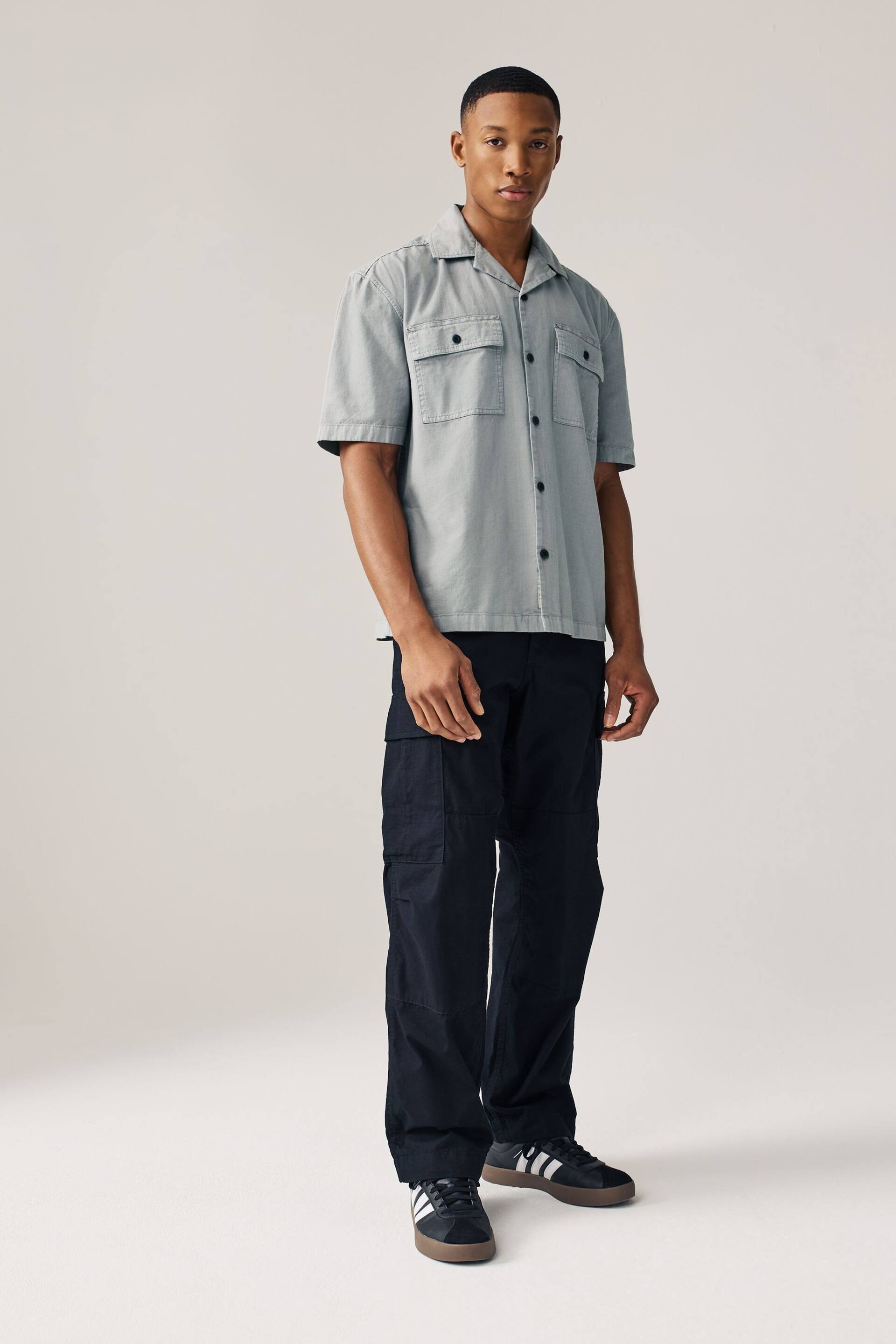 Grey Linen Blend Short Sleeve Shirt with Cuban Collar - Image 2 of 9