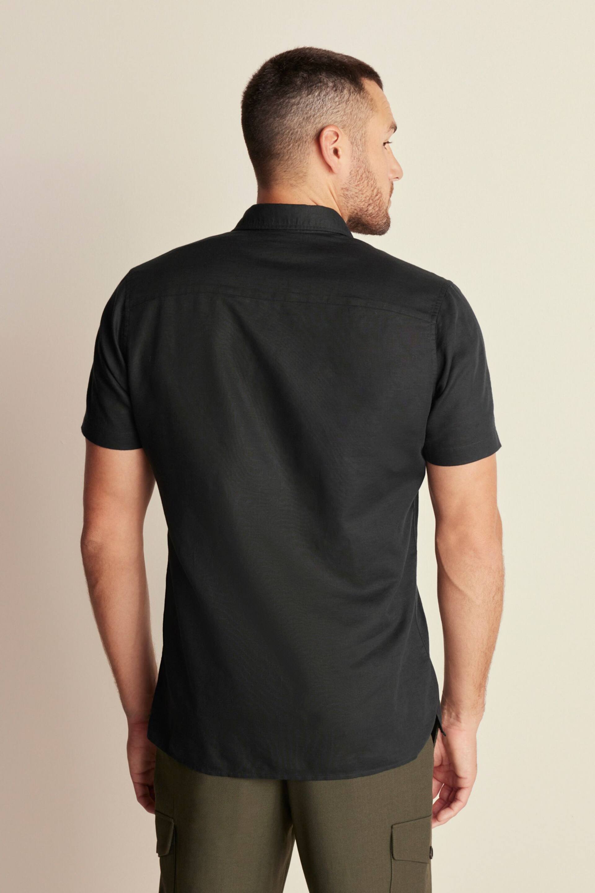 Black Standard Collar Linen Blend Short Sleeve Shirt - Image 3 of 8
