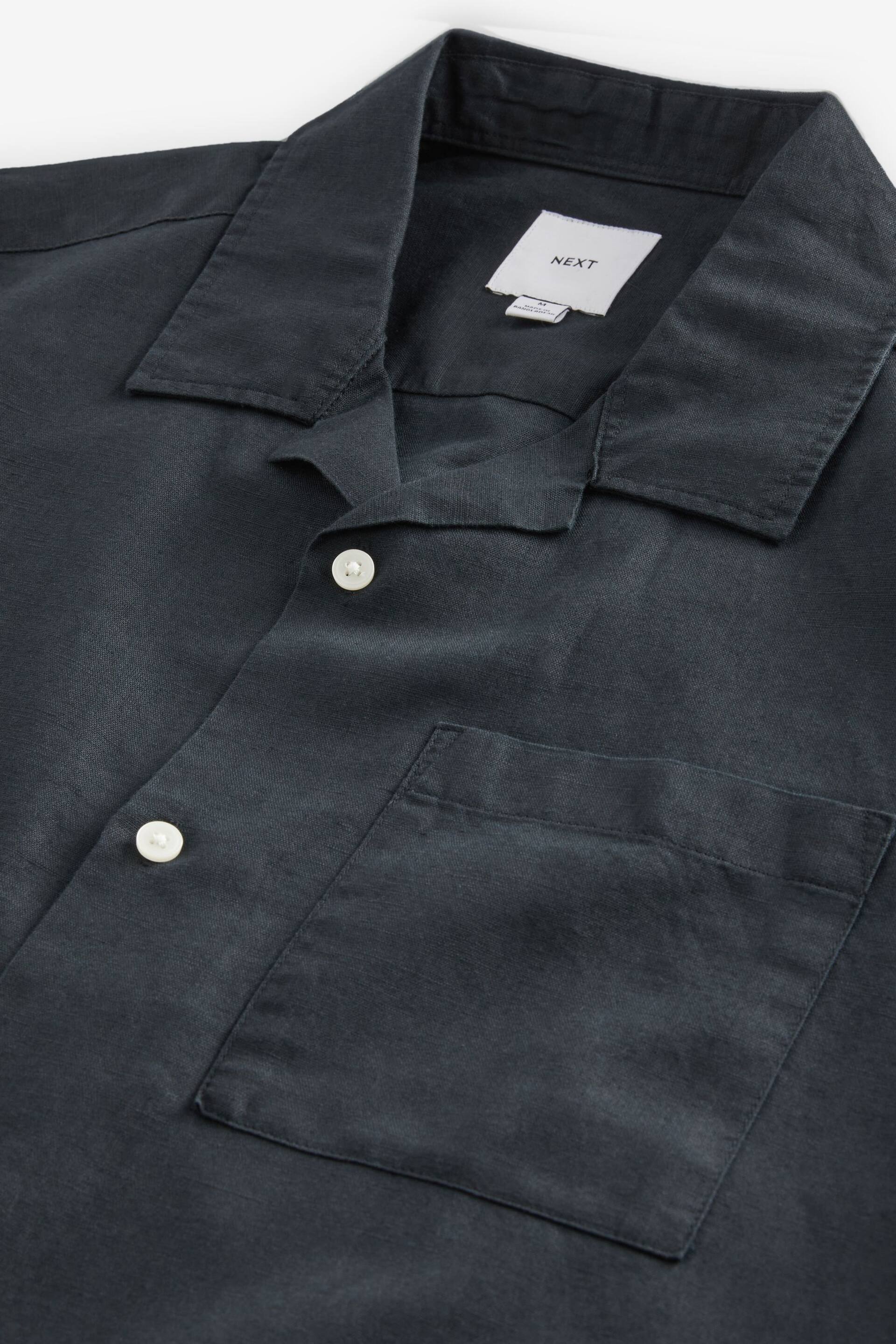 Black Cuban Collar Linen Blend Short Sleeve Shirt - Image 5 of 6