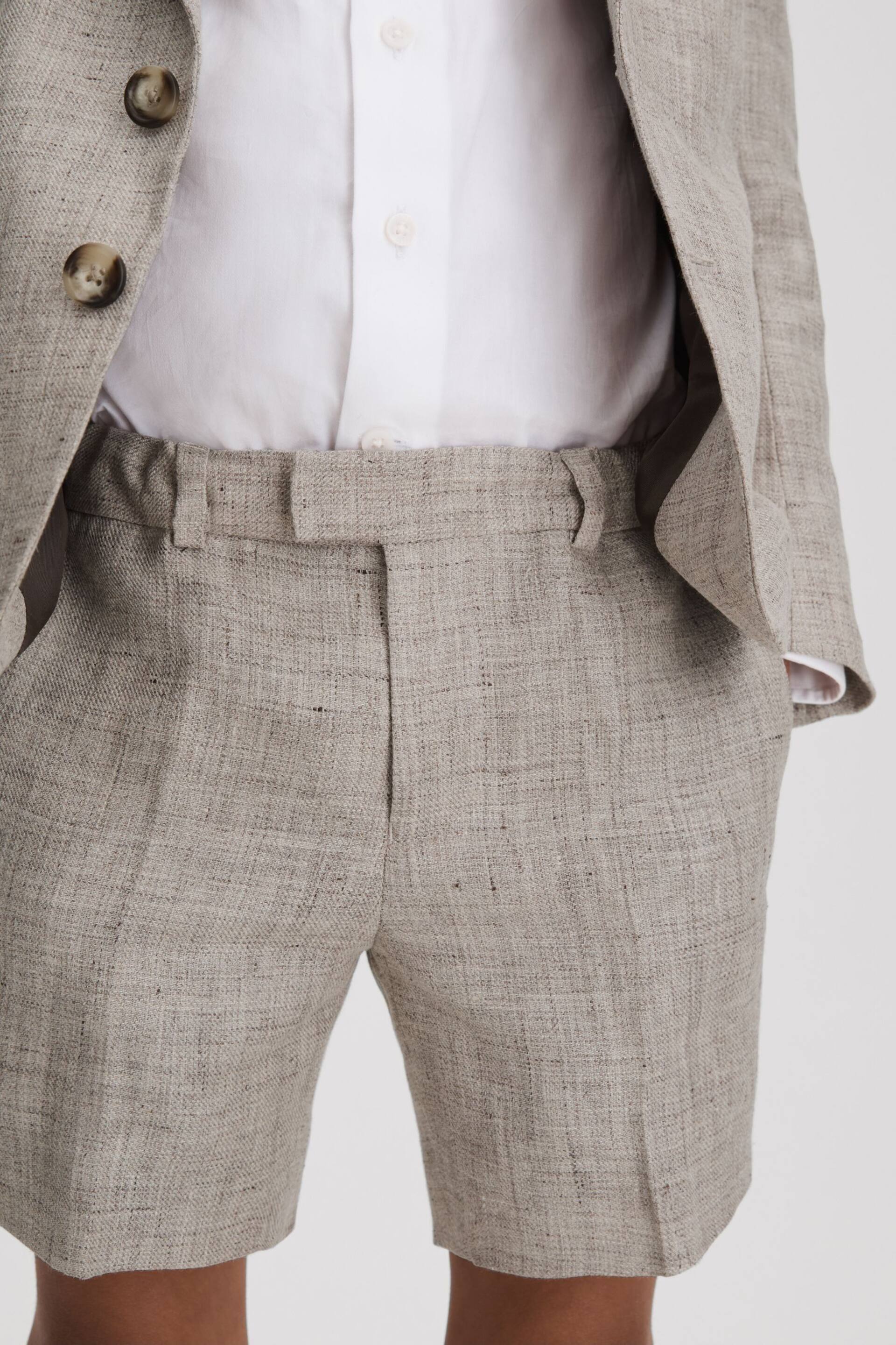 Reiss Oatmeal Auto Junior Tailored Linen Side Adjuster Shorts - Image 3 of 4