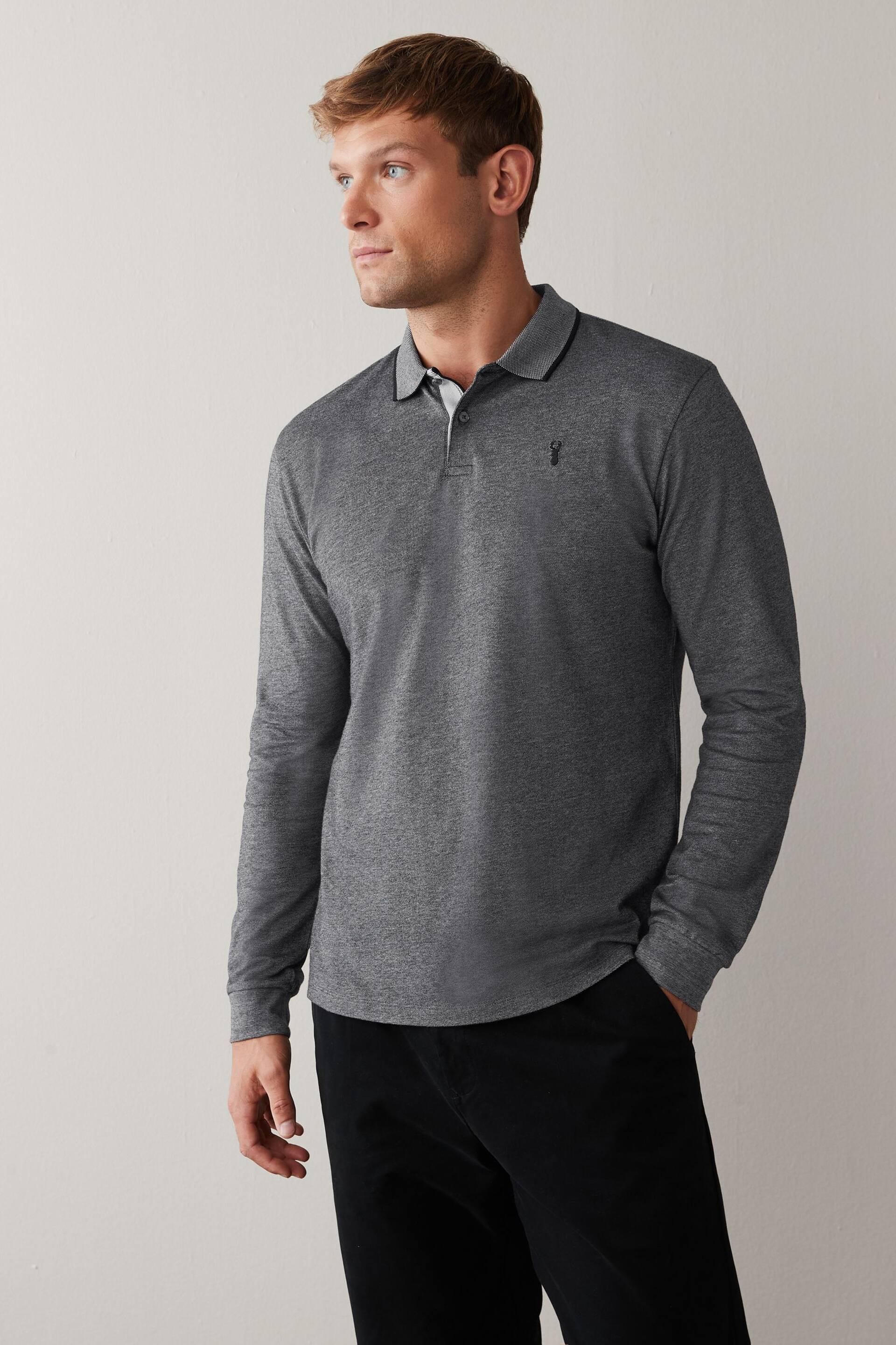 Charcoal Grey Oxford Long Sleeve Pique Polo Shirt - Image 1 of 5