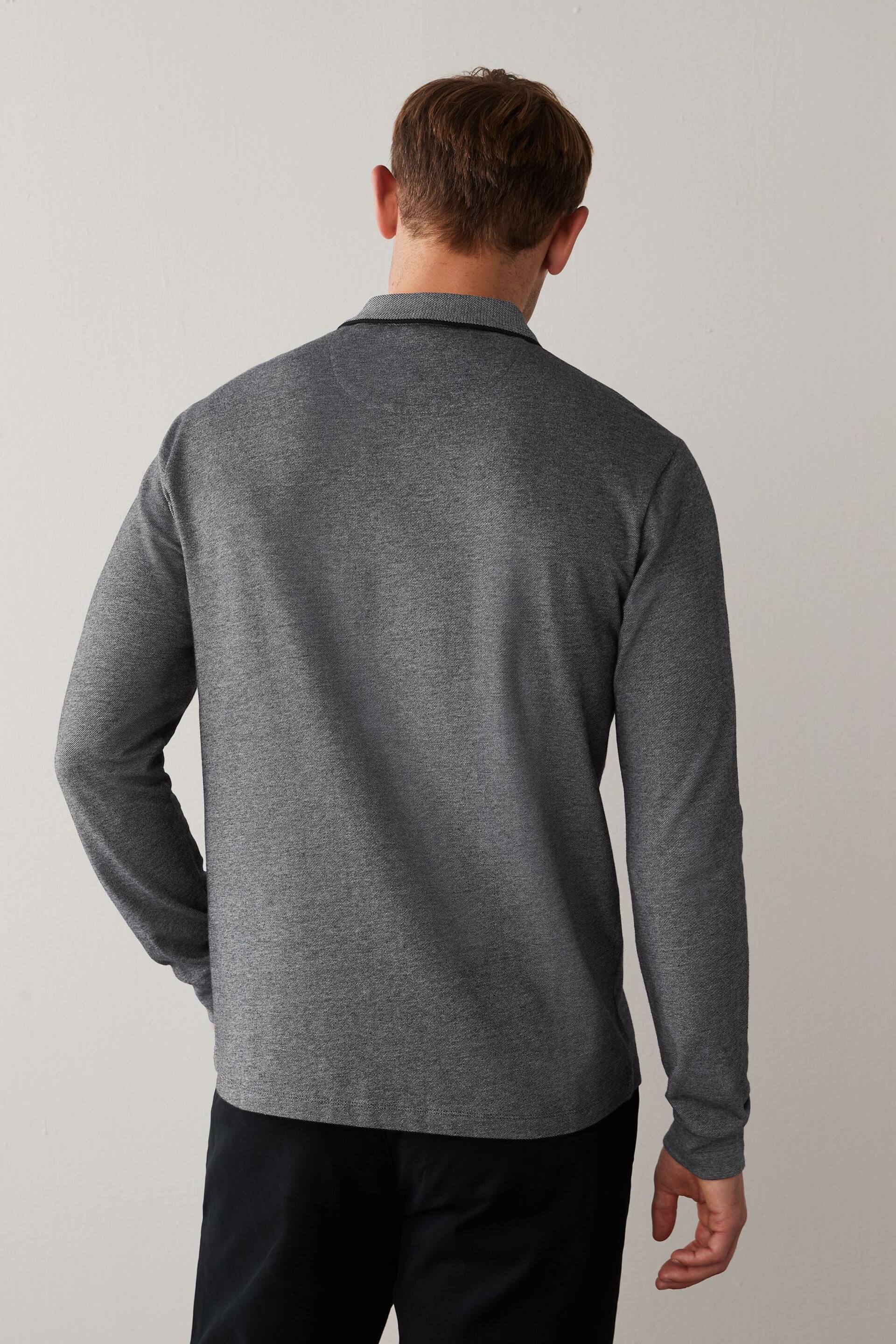 Charcoal Grey Oxford Long Sleeve Pique Polo Shirt - Image 3 of 5