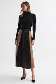 Reiss Black/Camel Ava Colourblock Pleated Midi Skirt - Image 5 of 5