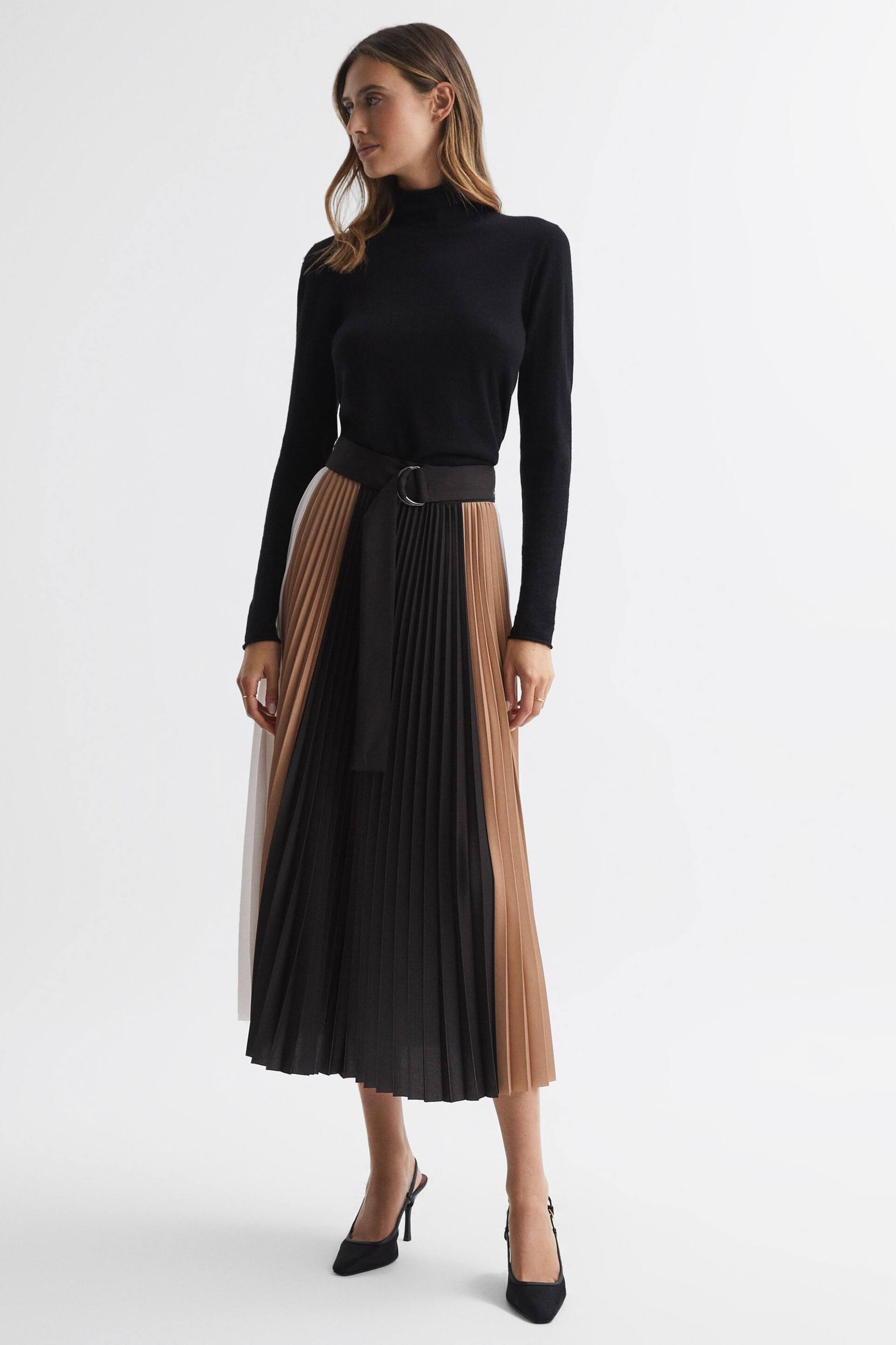 Reiss Black/Camel Ava Colourblock Pleated Midi Skirt - Image 5 of 5