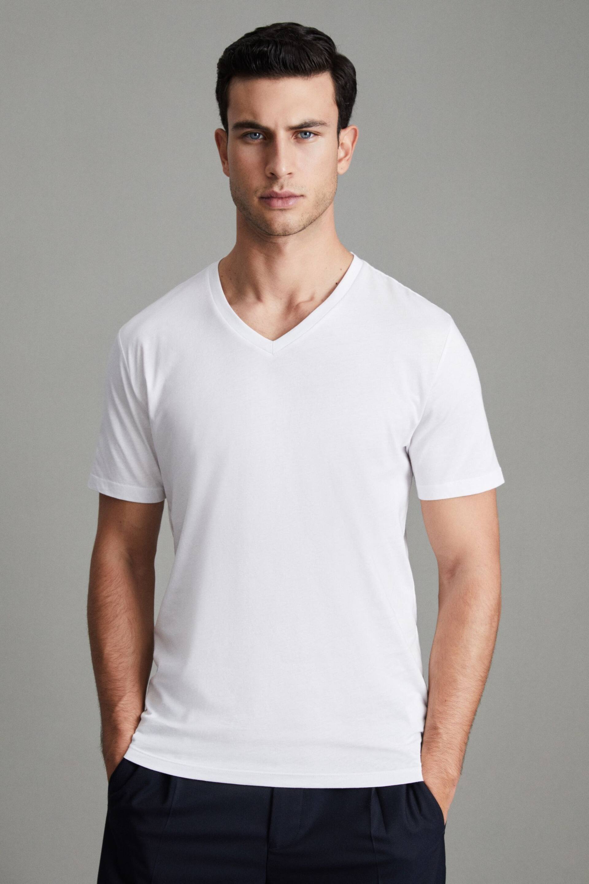 Reiss White Dayton Cotton V-Neck T-Shirt - Image 1 of 8
