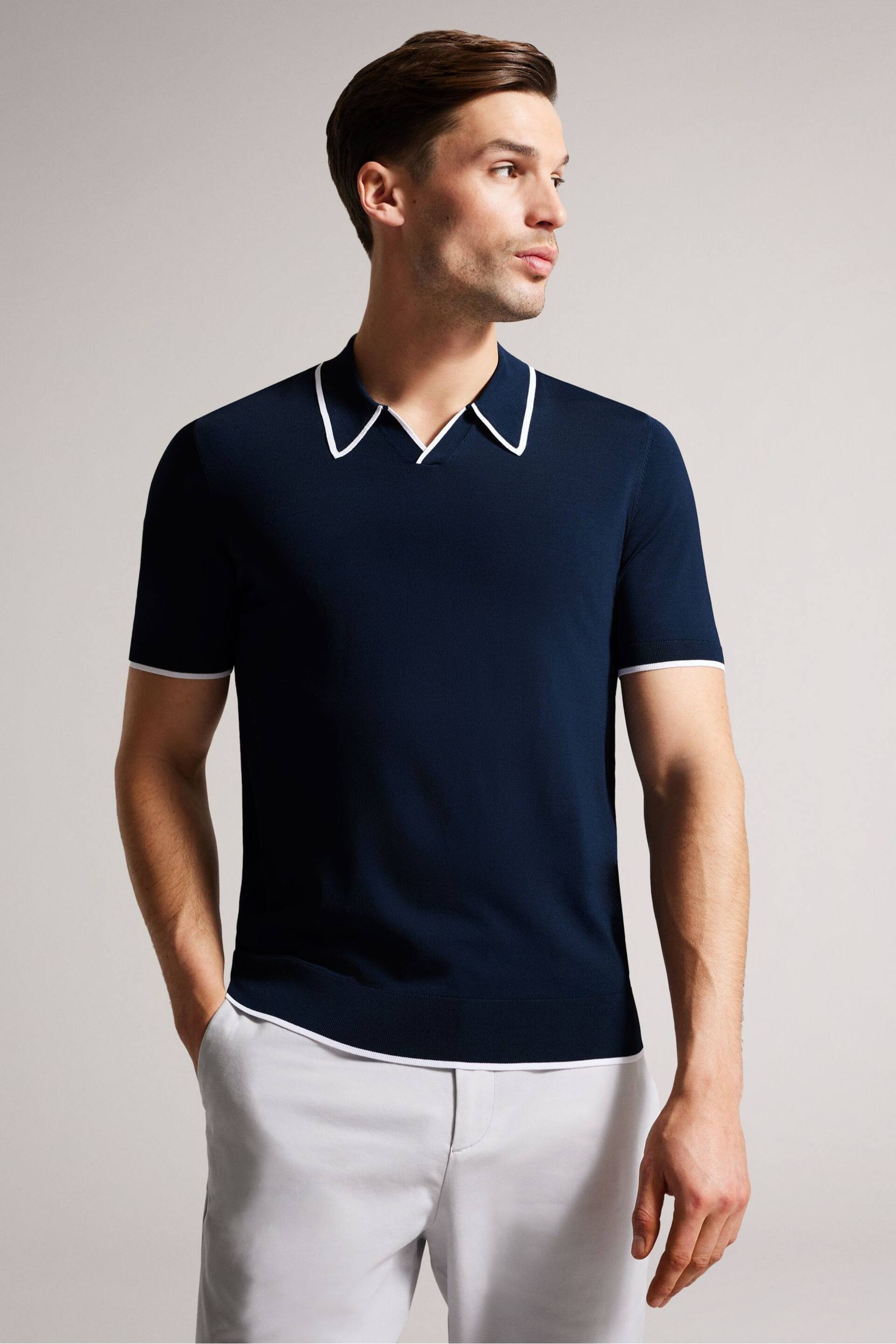 Ted Baker Blue Stortfo Short Sleeved Rayon Open Neck Polo Shirt - Image 1 of 6