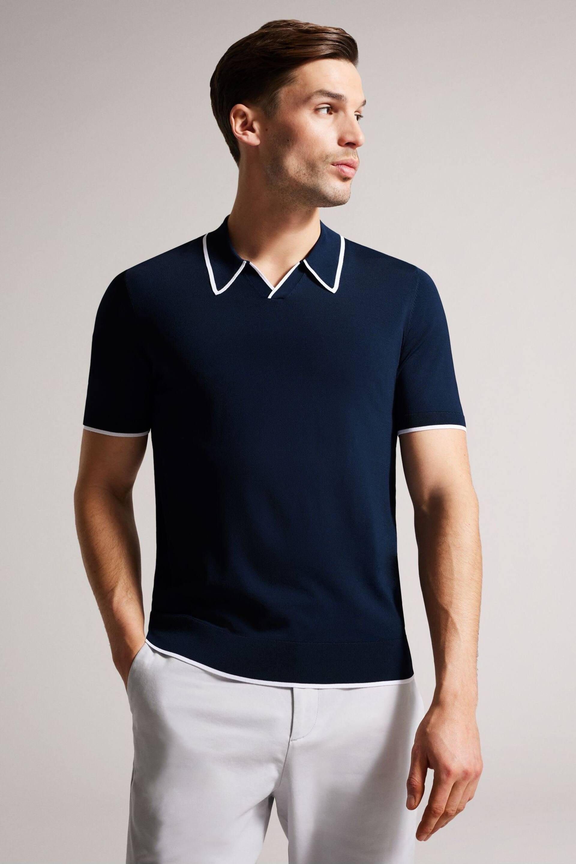 Ted Baker Blue Stortfo Short Sleeved Rayon Open Neck Polo Shirt - Image 6 of 6