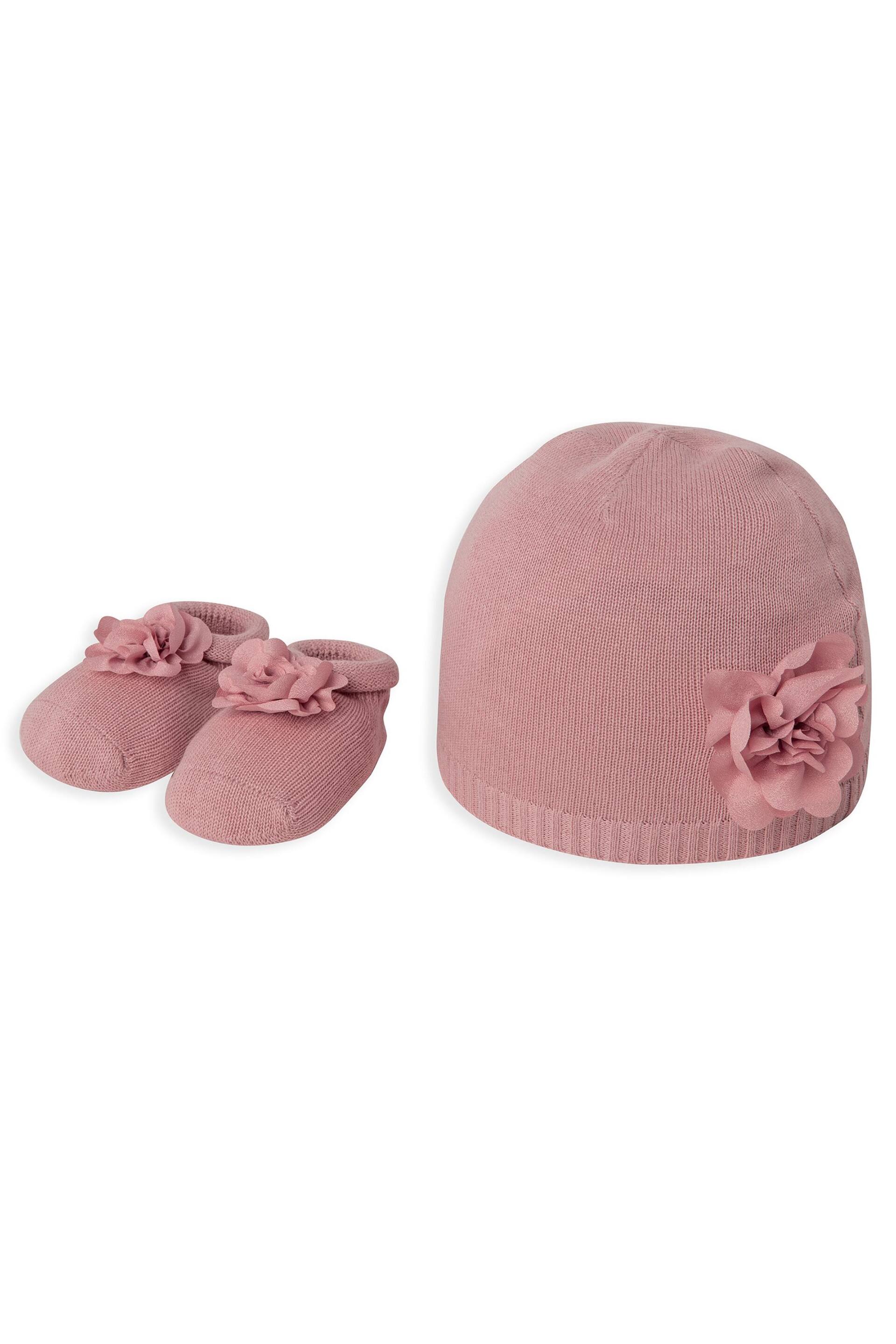 Mamas & Papas Girls Pink Flower Knit Hat and Booties - Image 1 of 3